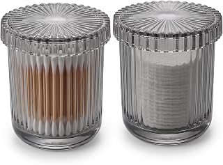 rejomiik 2 Pack Thick Glass Qtip Holder Apothecary Jars with Lids, Gray | Bathroom Canisters Vanity Makeup Storage Organizer for Cotton Swabs, Cotton Balls, Pads, Floss Picks, Bathroom Accessories