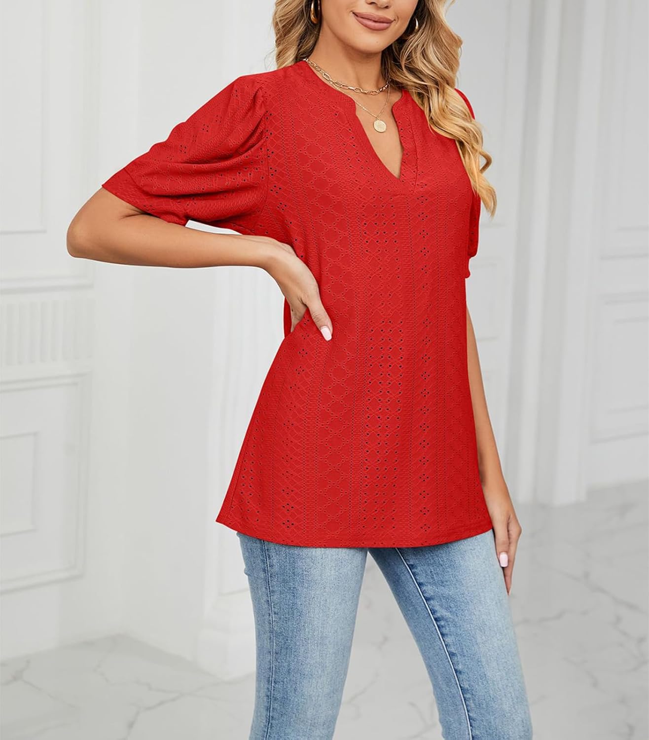 PerZeal Women's Summer Tops Tunic V Neck Ruffle Half Sleeve Blouses Short Sleeve Casual Loose Tops T-Shirts - Image 3