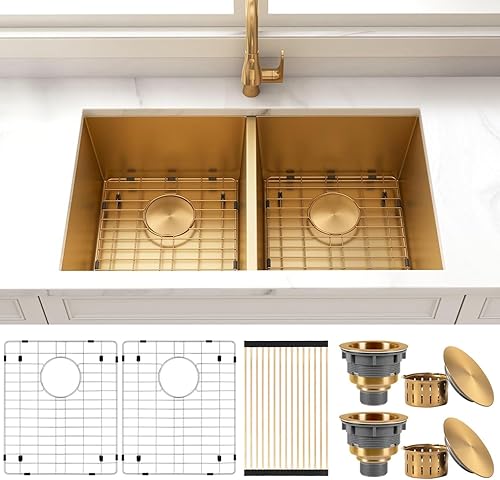 Miniatura 10 de Fregadero de cocina dorado, fregadero de cocina hecho a mano de 32 x 18 pulgadas, doble tazón 5050, calibre 16, acero inoxidable con accesorios