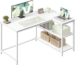 VASAGLE L-Shaped Corner Computer Desk with Reversible Shelf, Height Adjustable Shelf, Office Study, 110 x 80 cm, White Maple LWD135WF01