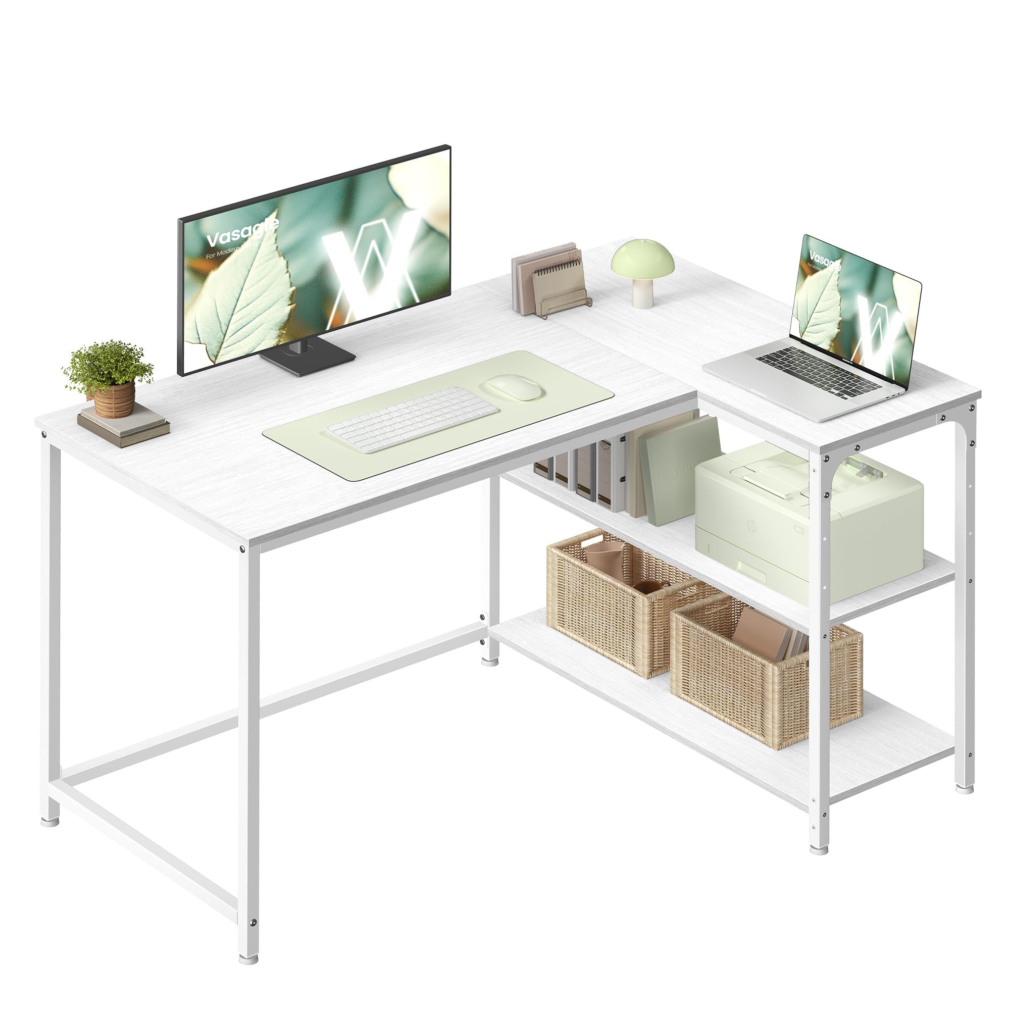 VASAGLE L-Shaped Corner Computer Desk with Reversible Shelf, Height Adjustable Shelf, Office Study, 110 x 80 cm, White Maple LWD135WF01