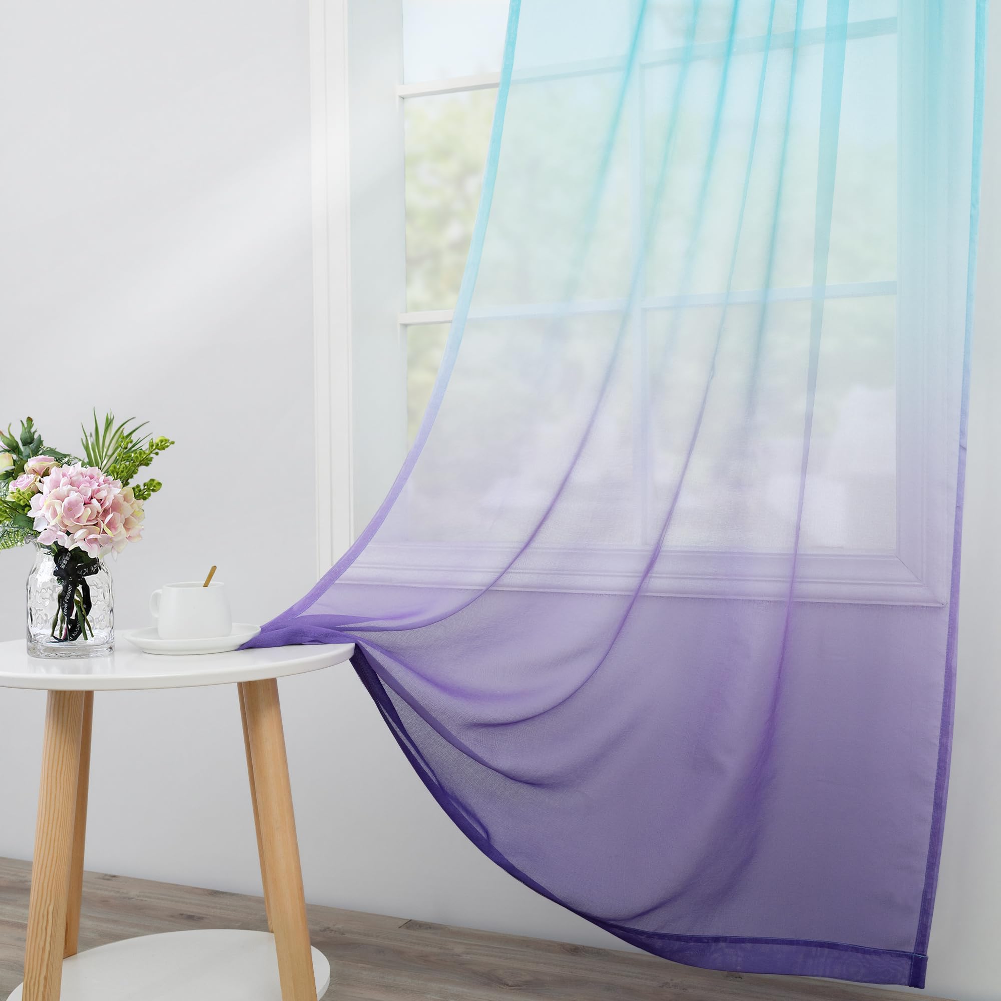 KOUFALL Faux Linen Two-Tone Rainbow Curtains 52x63 Green/Purple, Green / Purple, W 52" x L 63" (2 Panels) - Image 4