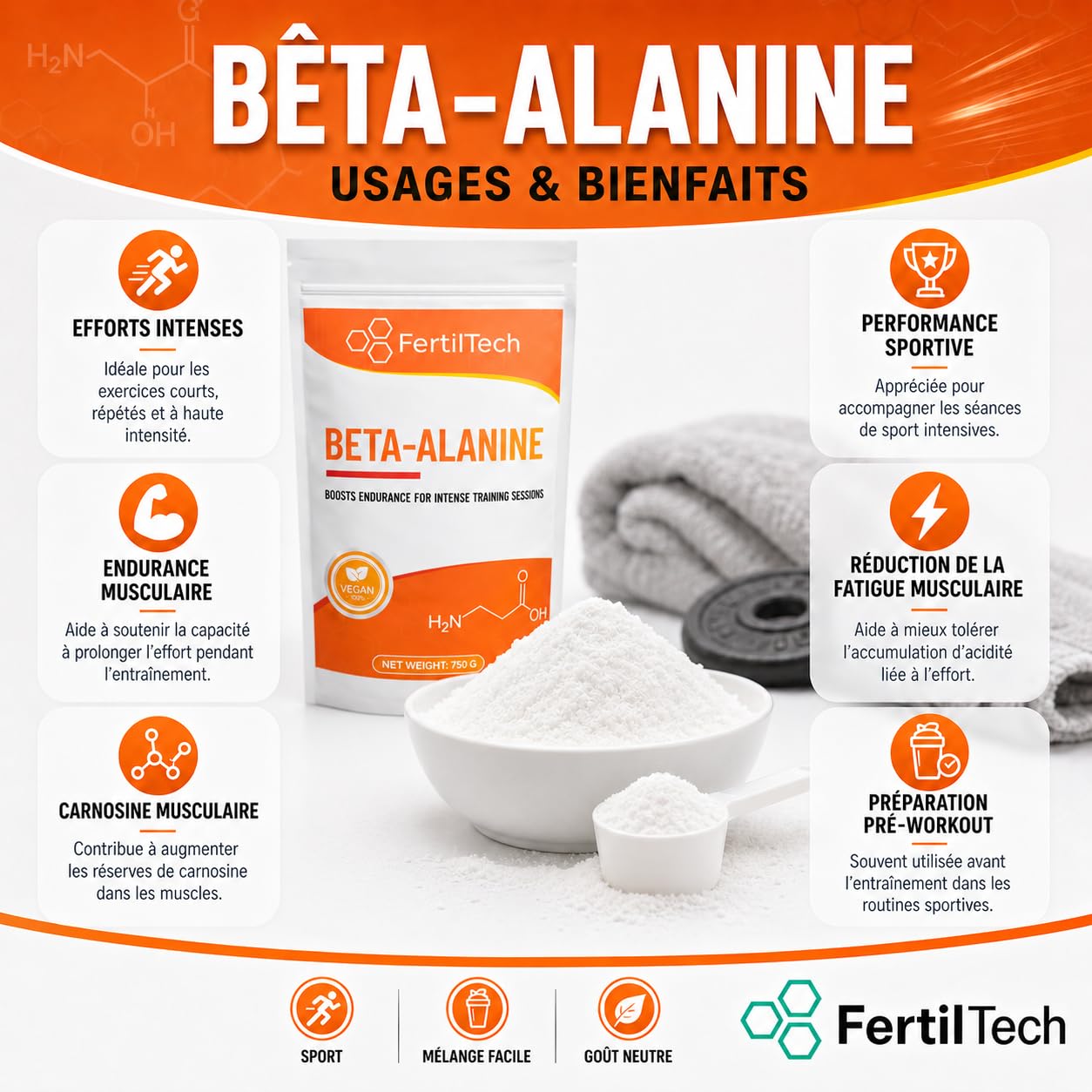 Bêta-Alanine en Poudre 1,2 kg (1200 g) – 400 Portions (1 An) – Format Longue Durée – Pureté ≥ 99% – Haute Qualité – Sans Additifs – Sans Arôme – Vegan – Sans OGM – Conditionnée en France