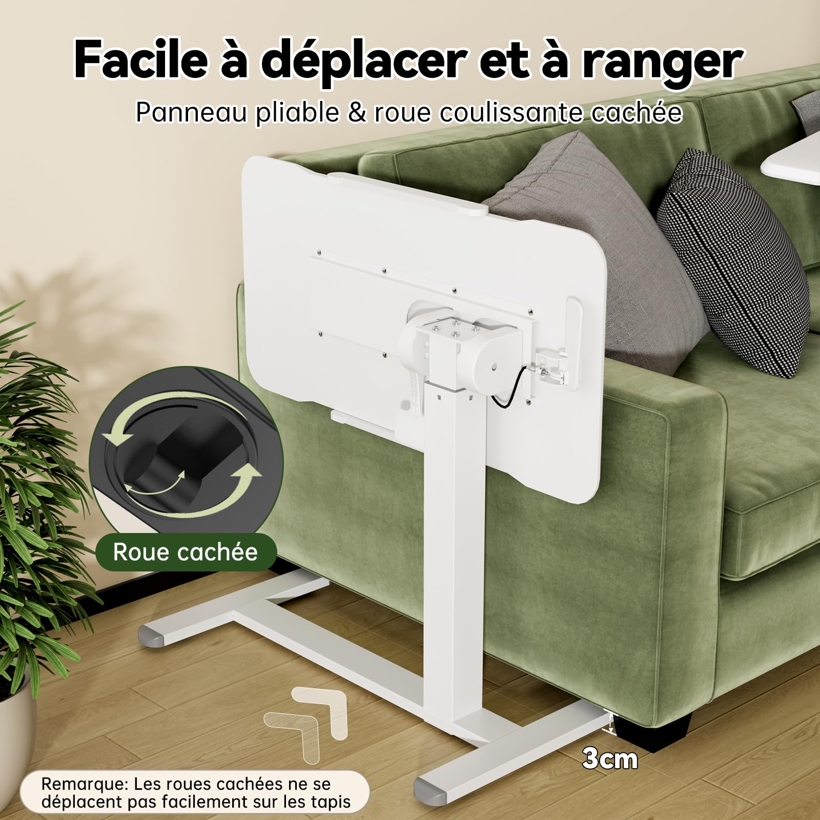 Gibbon Mounts Bureau Assis-Debout Hauteur réglable, Table Chevet INCL. 180° | Chariot mobile pliable blanc, 80x40cm plateau inclinable des deux côtés du lit. Base fine 3cm, 2 types de roues remplaçables