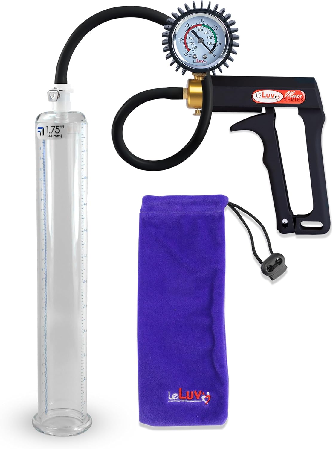 LeLuv Black Maxi Penis Pump with Rubber Protected Gauge Premium Silicone Hose Kit 12 inch Length x 1.75 inch Diameter Cylinder