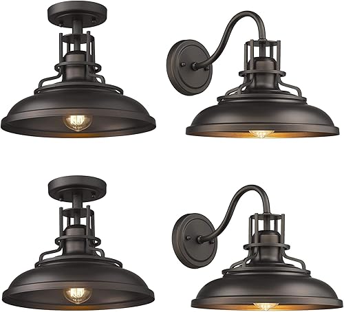 FEMILA Lámpara industrial semiempotrada, lámpara de techo de granja y apliques de pared vintage de granja, juego de luces de granero de cuello de