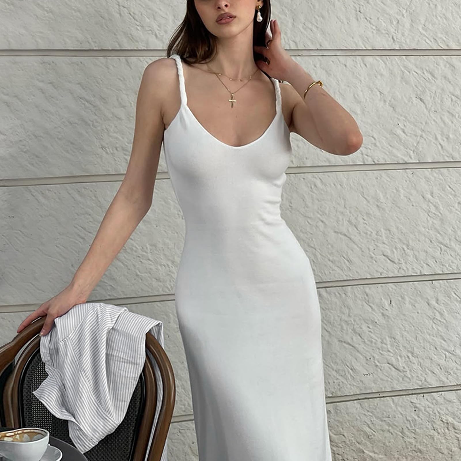 Vestito Lungo Donna Sexy Spaghetti Strap Maxi Abito Senza Maniche Elegante Senza Schienale Lunghi Vestito Aderente Estivo Casual Abito da Cocktail Party Festa Sera Cerimonia Club