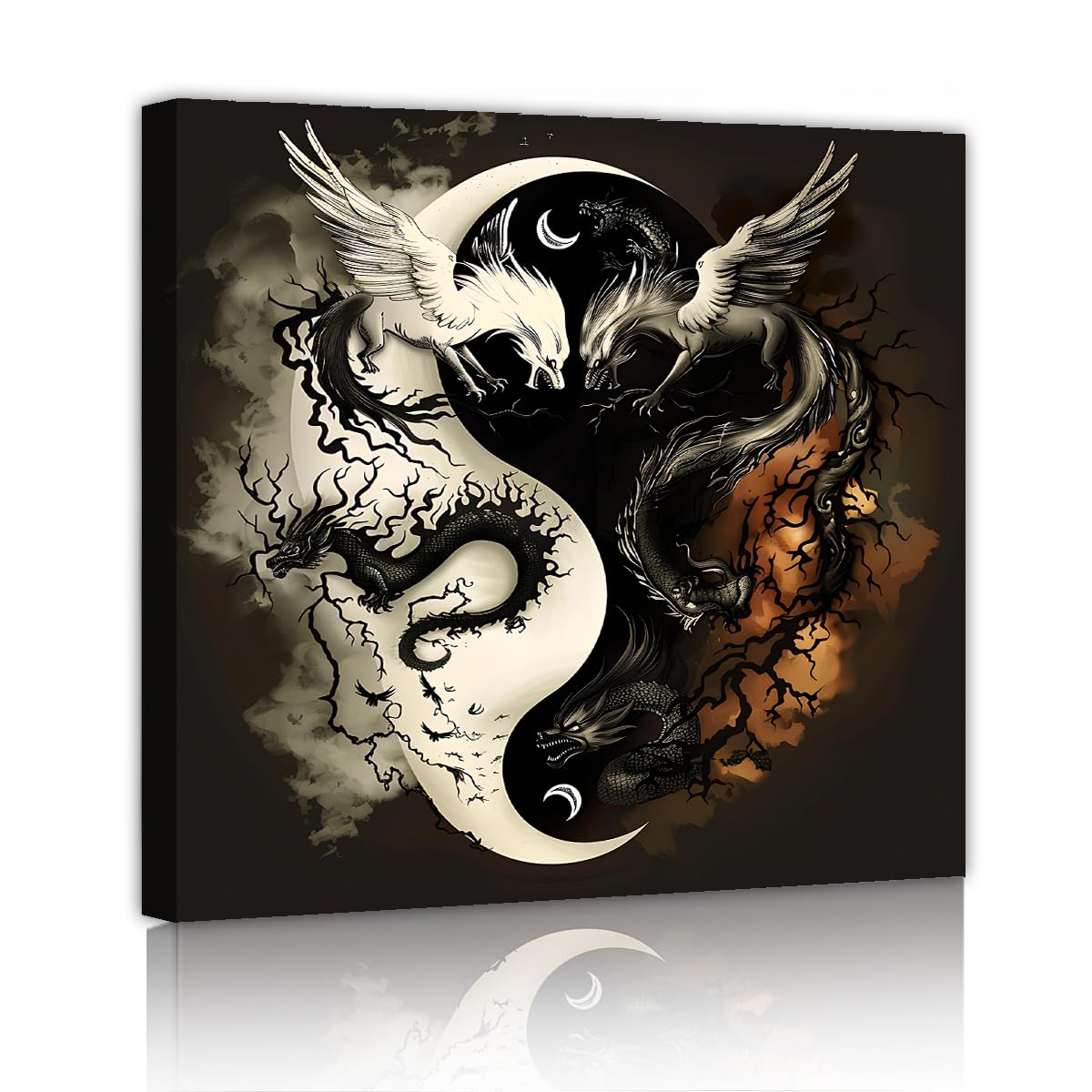 Via Vela Yin Yang Dragon Toile Art Mural Mystique Noir Blanc Affiche Oeuvre D’animaux Impressions Art Oriental Animaux Mythiques Pour Salon Décoration Intérieure 40x40cm Cadre Intérieur