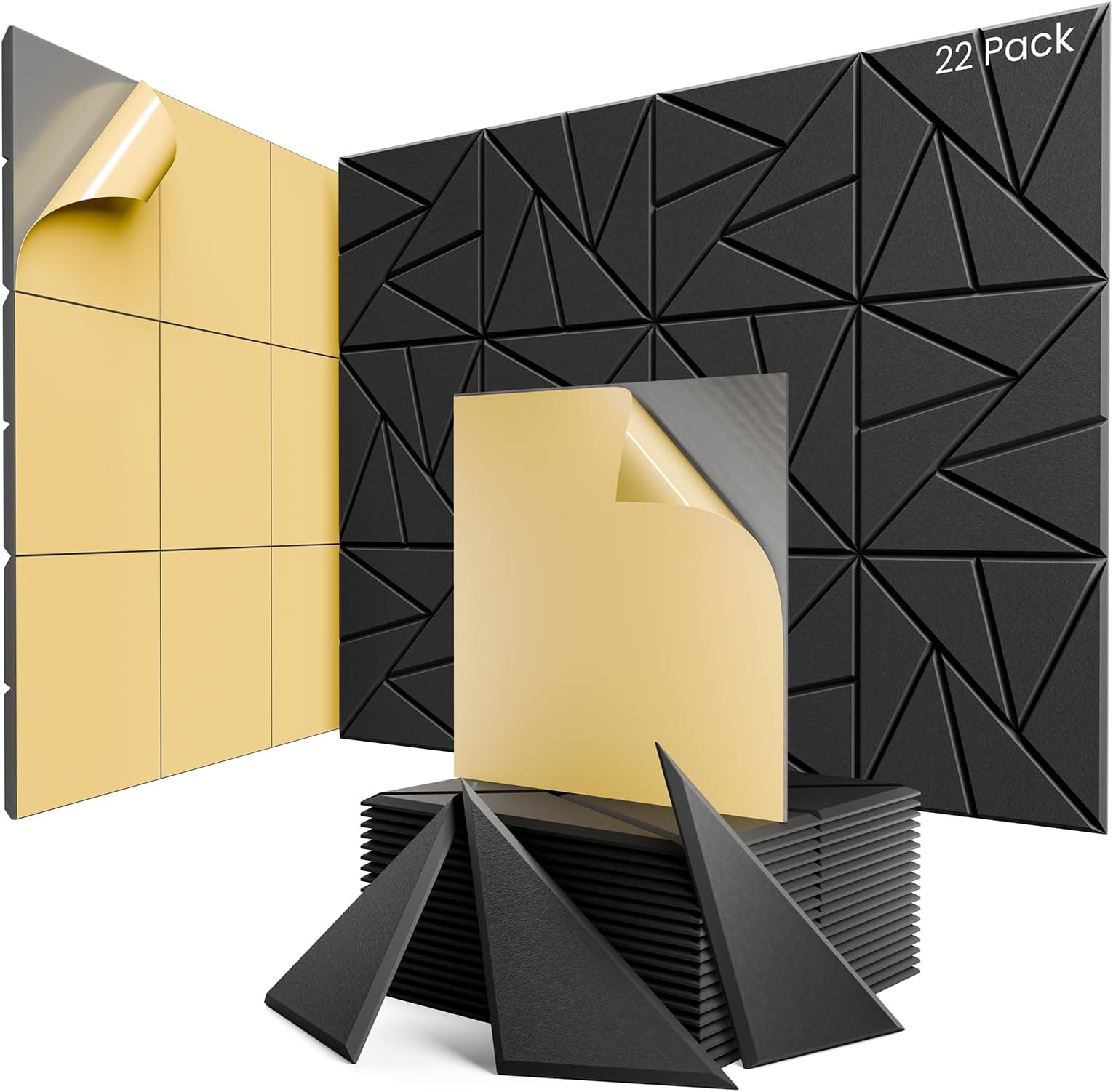 22 Pack Acoustic Panels with Self-Adhesive, 12"X 12"X 0.4"Sound Proof Foam Panels, Sound Panels High Density, Soundproof Wall Panels for Home Studio Office-Black