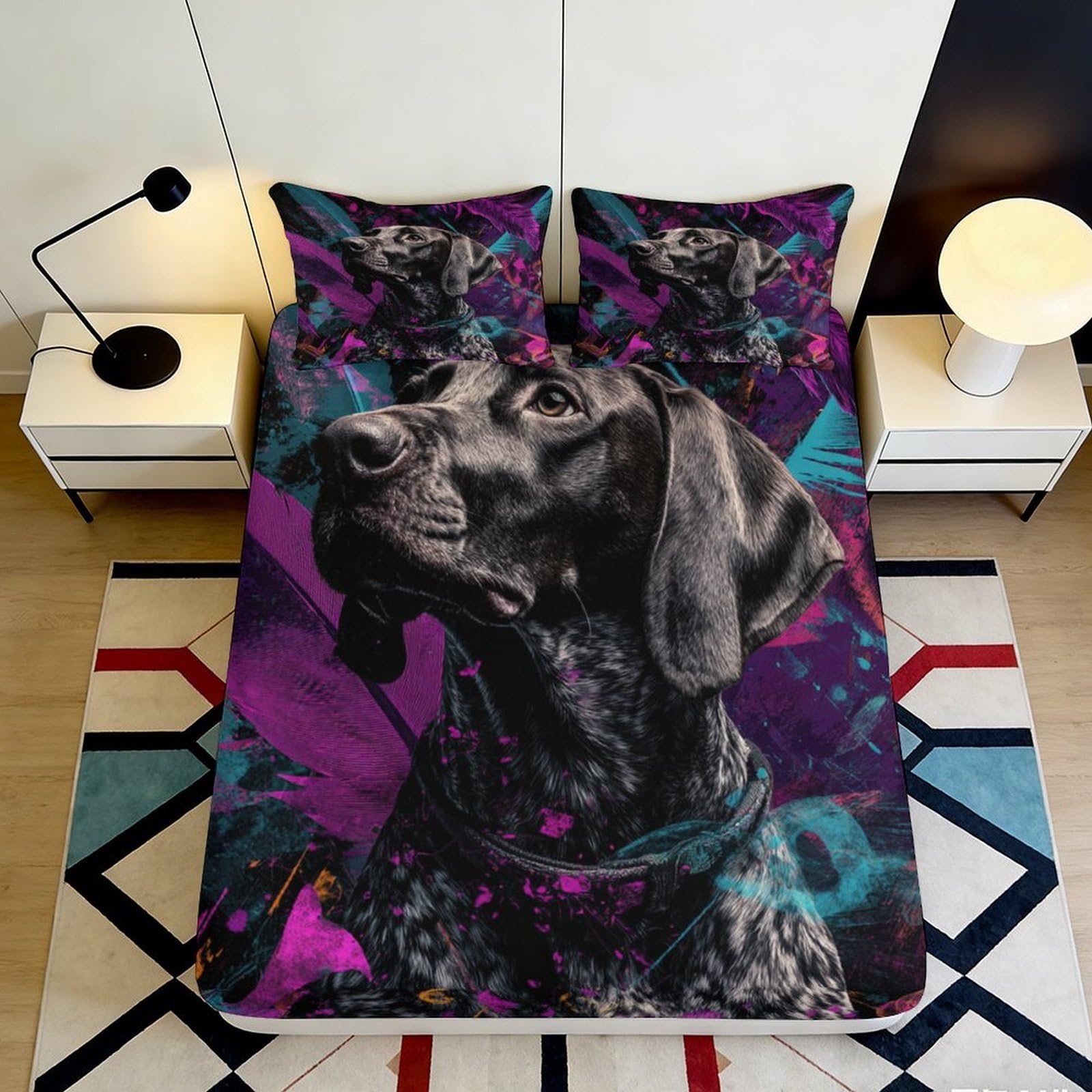 3D Printed Black Dog Portrait Fitted Sheet Microfiber Purple Teal Abstract Bed Cover for Bedroom Guestroom Decor 90x200x25cm