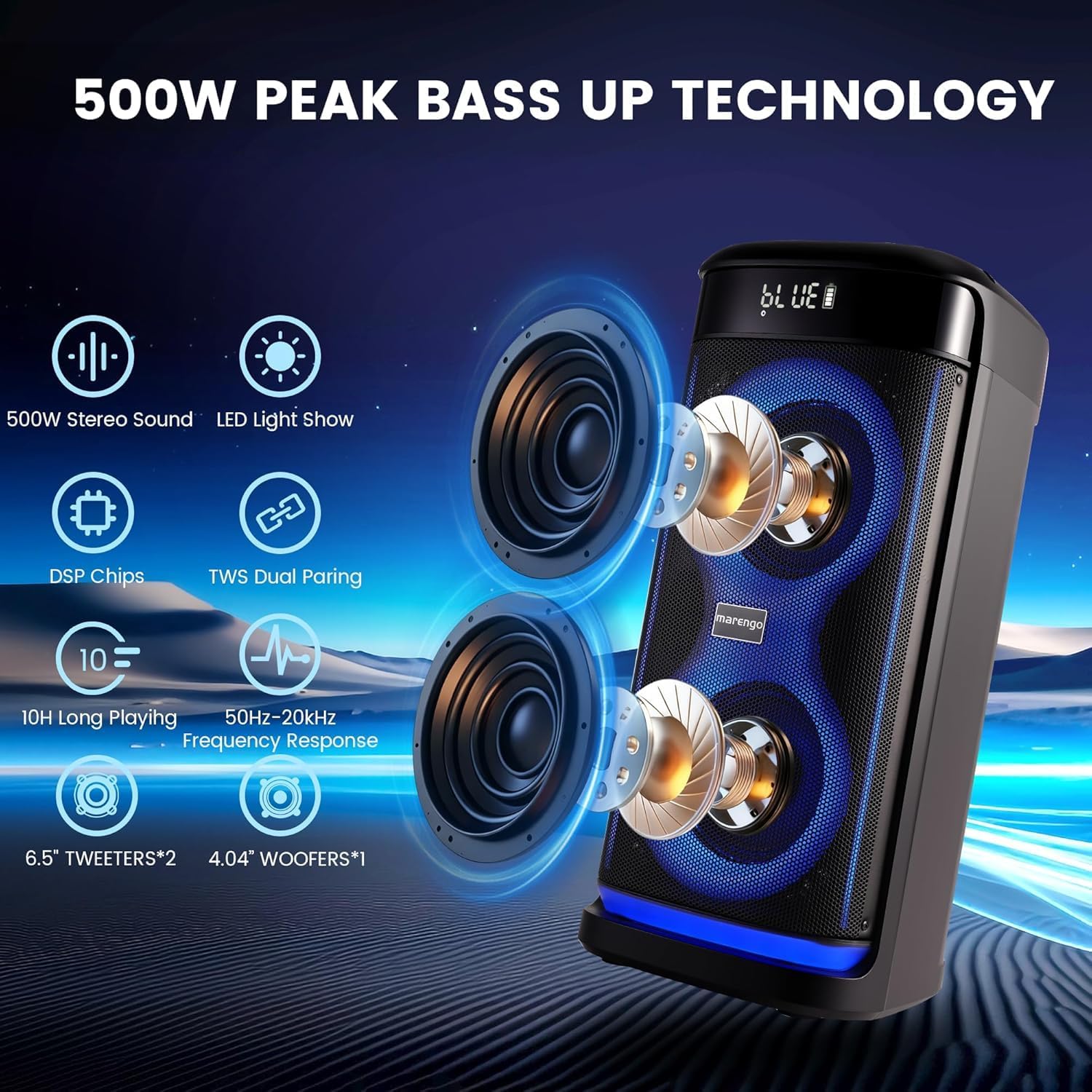 Marengo Karaoke Machine for Adults, Portable Bluetooth Speaker with 2 Wireless Microphones 500W(Peak), RGB Light Show, 10H, TWS Party Speaker for Party Indoor Outdoor Backyard-Supports USB/AUX/Mic-in