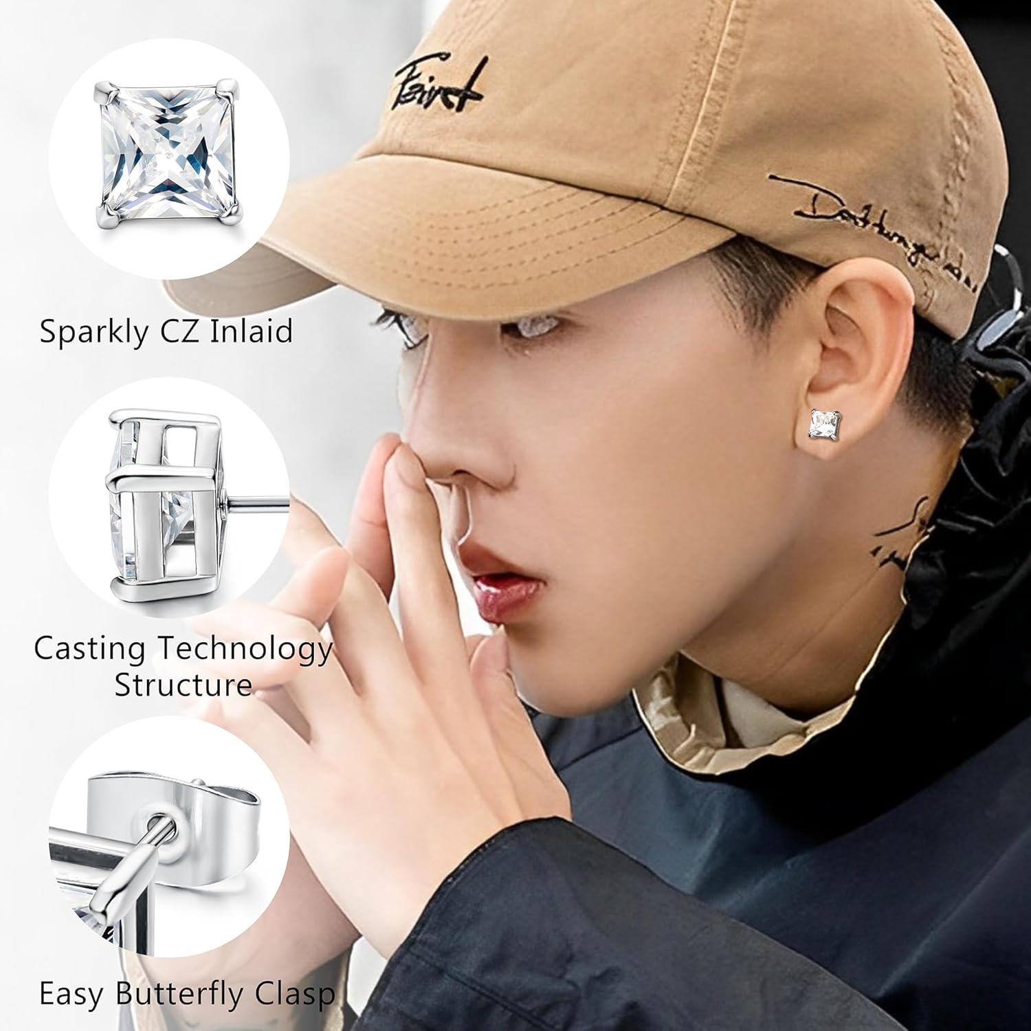 BESTEEL 2Pairs Hypoallergenic Black Stud Earrings for Men Women 316L Stainless Steel Square Round CZ Mens Earrings Studs Jewelry Set for Sensitive Ears 3-8MM Black Silver - Image 2