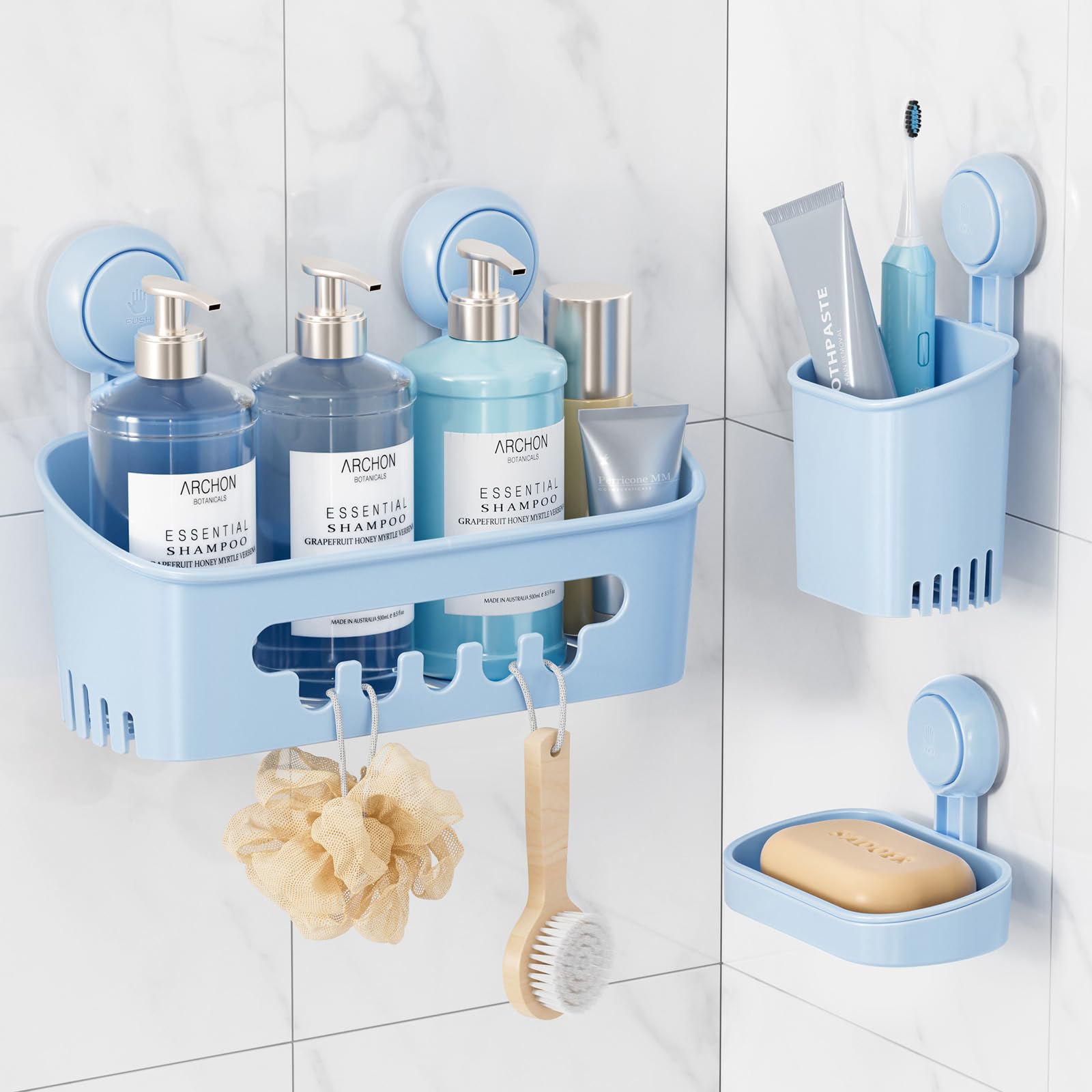 LEVERLOC Shower Holder Suction Cup Set Toothbrush Holder Bathroom Storage No Drilling Rustproof Removable Vacuum Shower Organiser Shelf Soap Toothbrush Set Kitchen Wall Mounted, Blue