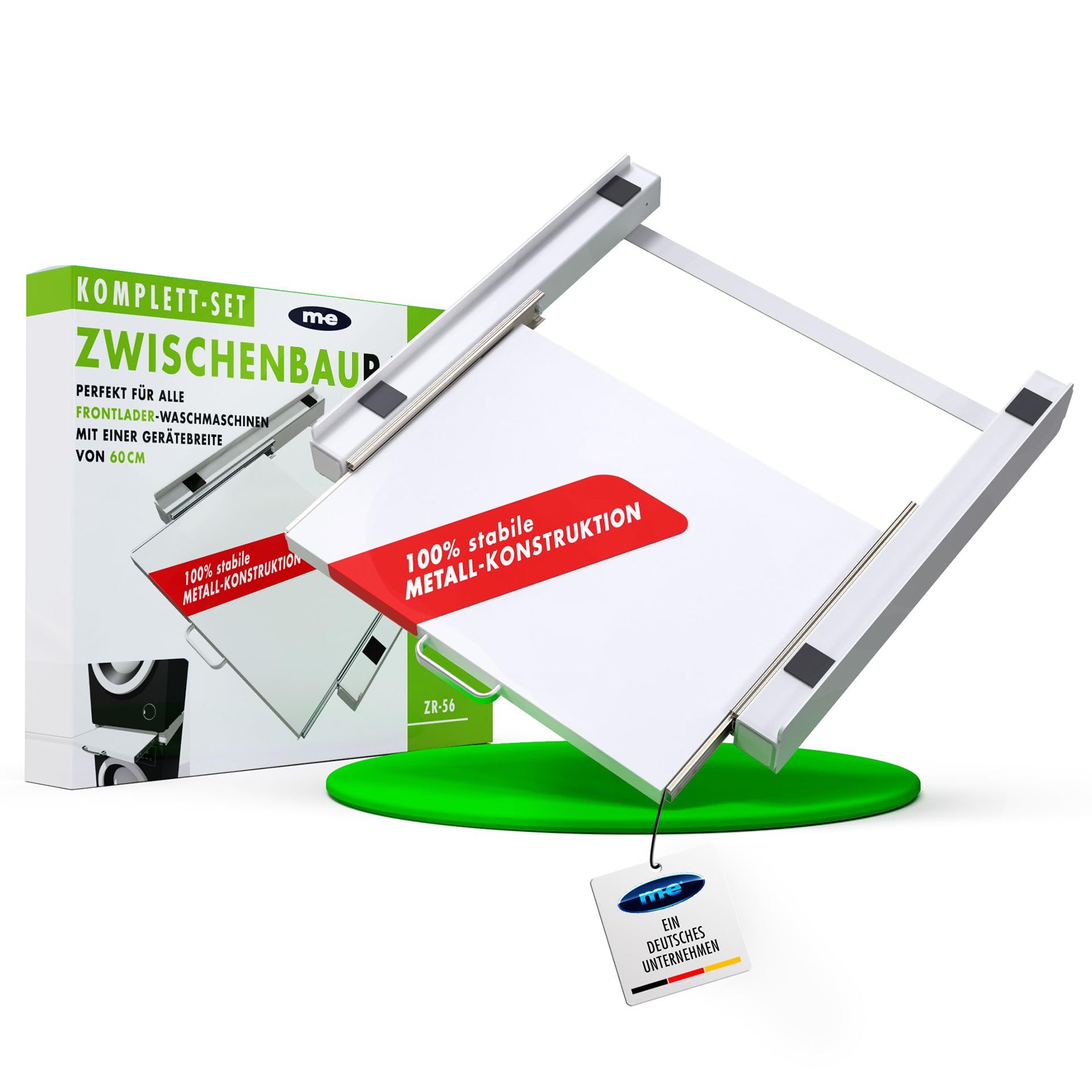 m-e ZR-56 Zwischenbaurahmen für Trockner & Waschmaschine – Verbindungsrahmen mit Ablage – stabil stapeln & fixieren – Waschmaschine-Trockner-Verbindung für 60 cm Geräte, 100% Metall