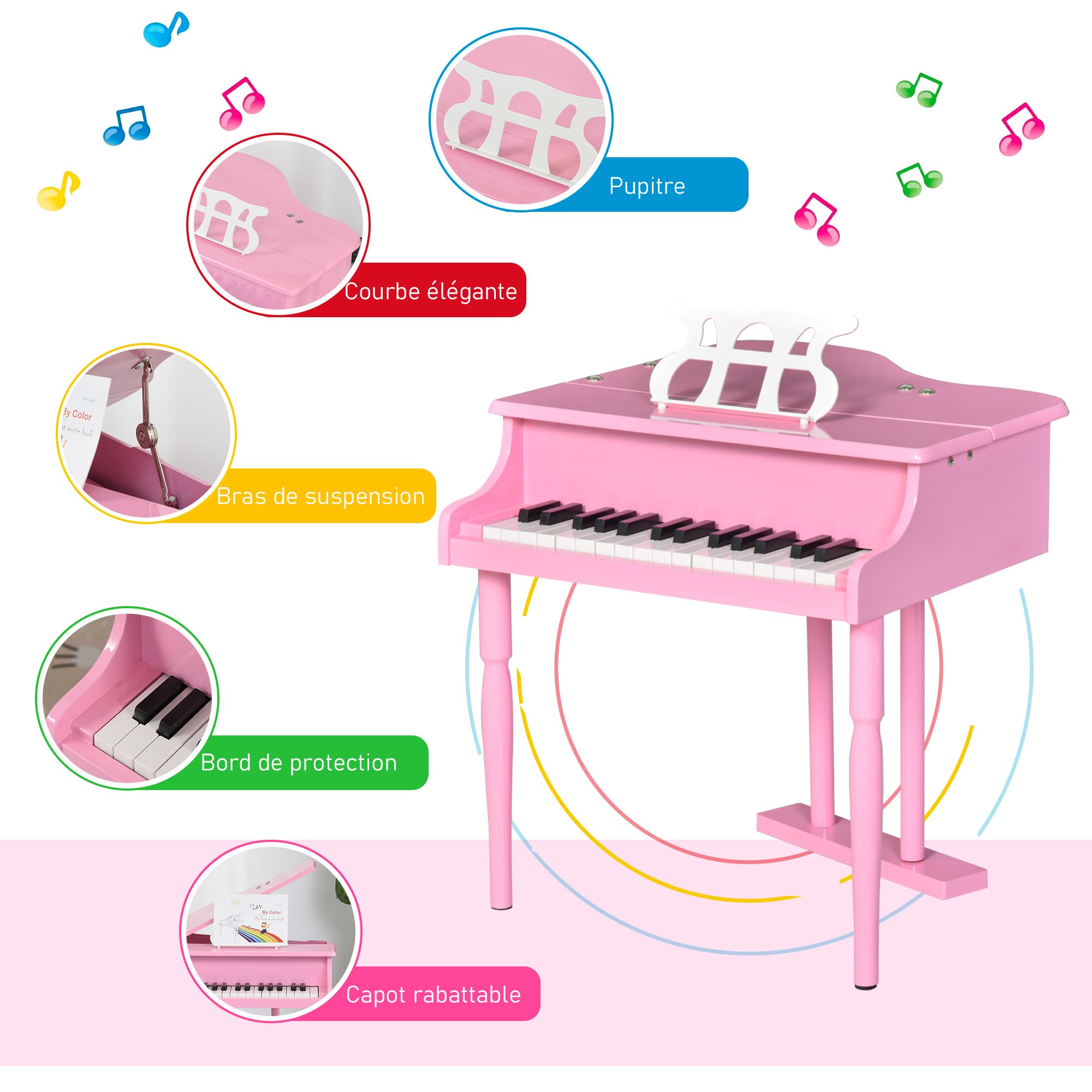 HOMCOM Piano mit Schwanzstück für Kinder, aus Holz, 30 Tasten, Hocker, MDF, Rosa | Klaviertastatur für Kinder, Musikinstrument