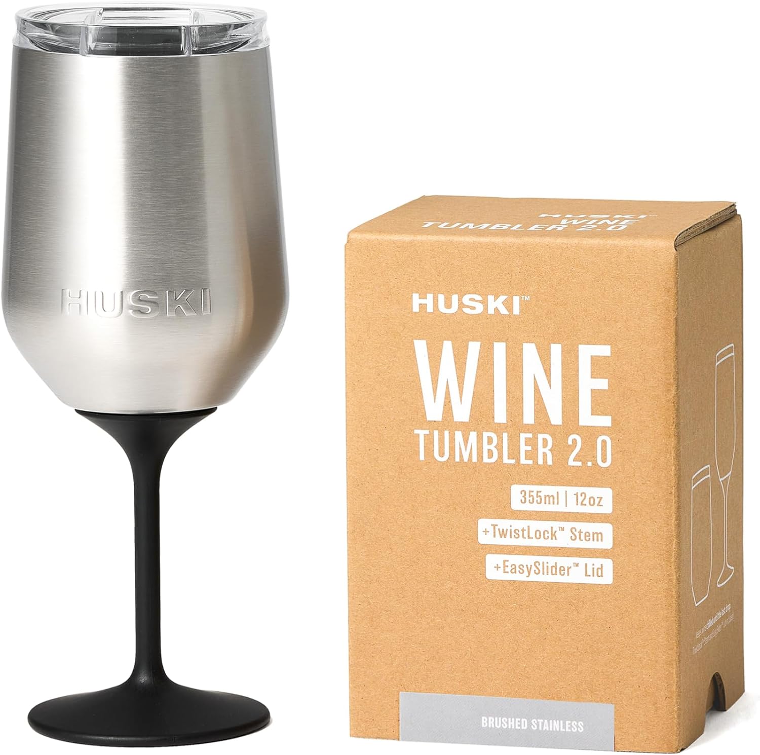 Huski Wine Tumbler 2.0 | NEW | Award-winning Design with Detachable Stem | Premium Stainless Steel Wine Glass with Lid | Triple Insulated Tumbler | 12oz Capacity | Great Gift (Brushed Stainless)