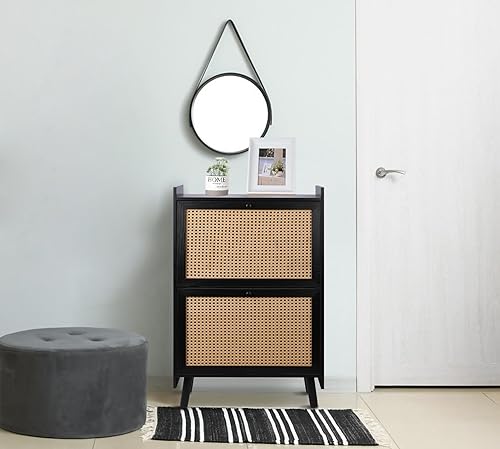 Miniatura 4 de ZYBT Organizador de almacenamiento de zapatos de entrada negro, armario de almacenamiento de zapatos de ratán para entrada, delgado, zapatero de