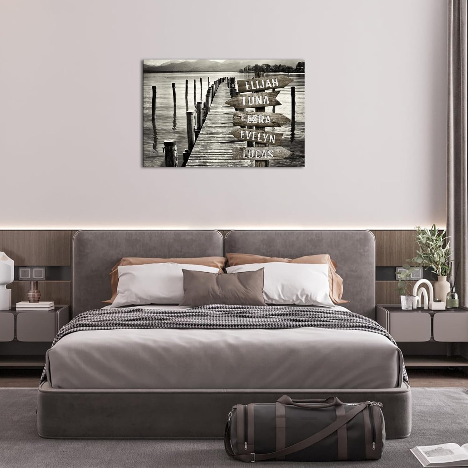 iLOOKLiKE Personalized Street Sign with Family Name Wall Art Custom Multi Names Canvas Prints Black and White Wooden Bridge Pictures Peaceful Pier Landscape Artwork Gifts for Home Decor Housewarming