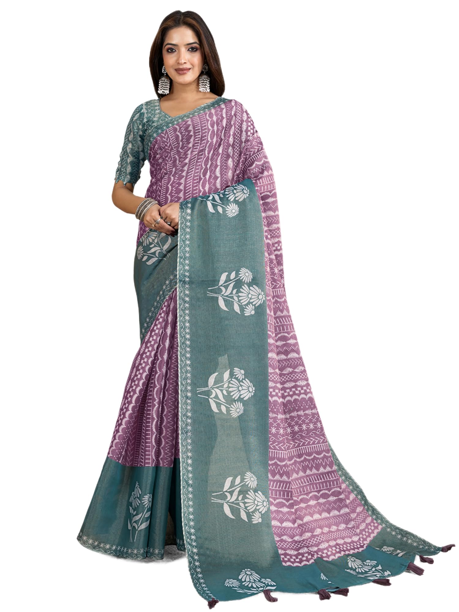Womens Cotton Fabric Printed Saree with Unstitched Blouse Piece Lightweight Breathable | 5 Meter Saree And 0.80 Meter Blouse-image-39