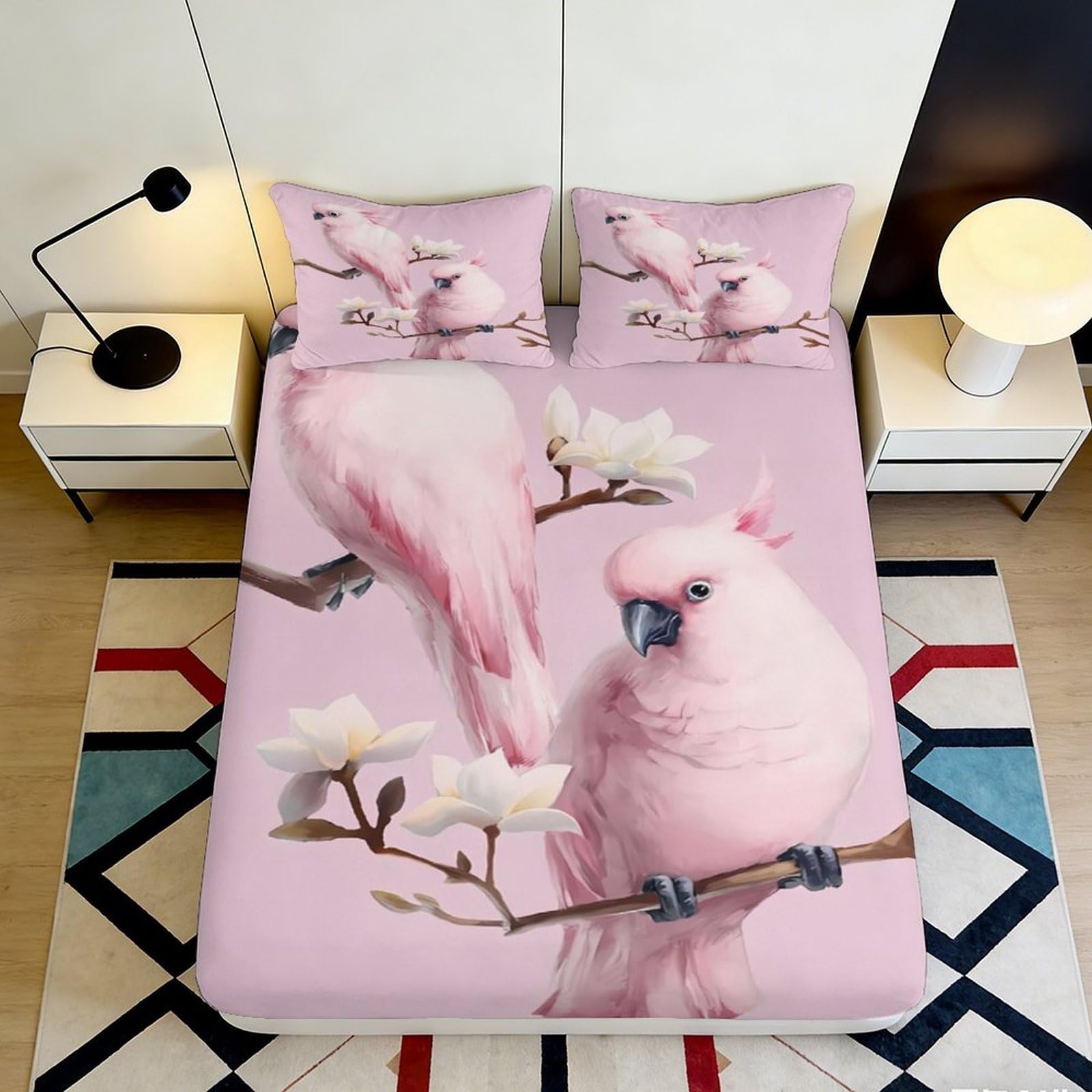 Decorative Pink Cockatoo Fitted Sheet 3D Printed Soft Microfiber Bed Cover for Bedroom Guest Room, Wrinkle Resistant, Apartment Bedding, 120x200x25cm