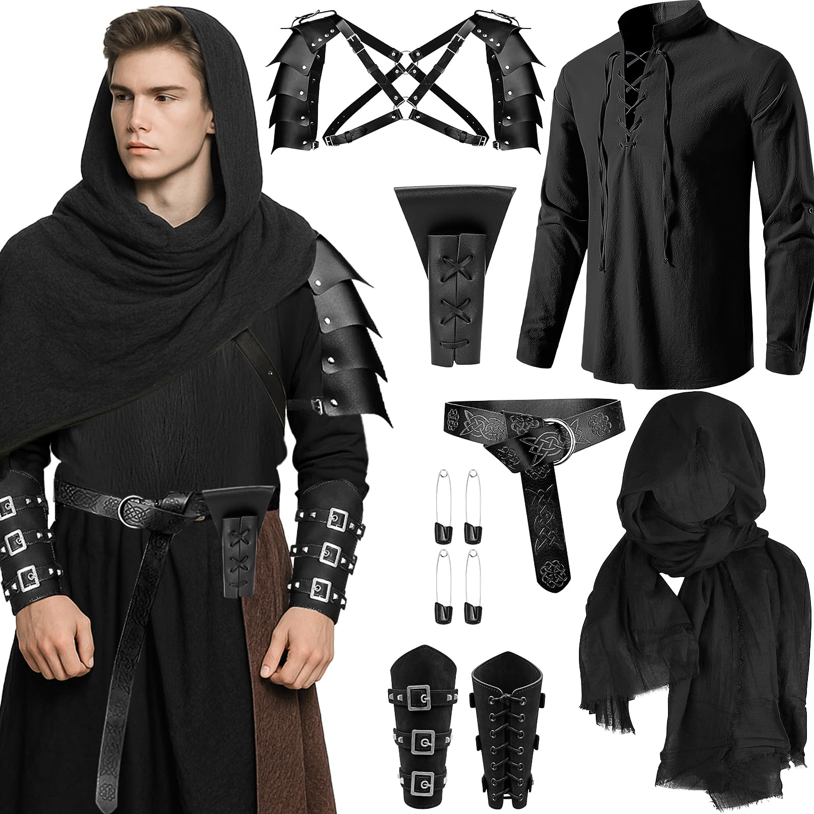 HFZCV 7 Pcs Men's Renaissance Costume Set Viking Shawl Medieval Pirate Shirt Belt Sword Bag Armor Shoulder for Cosplay (L)