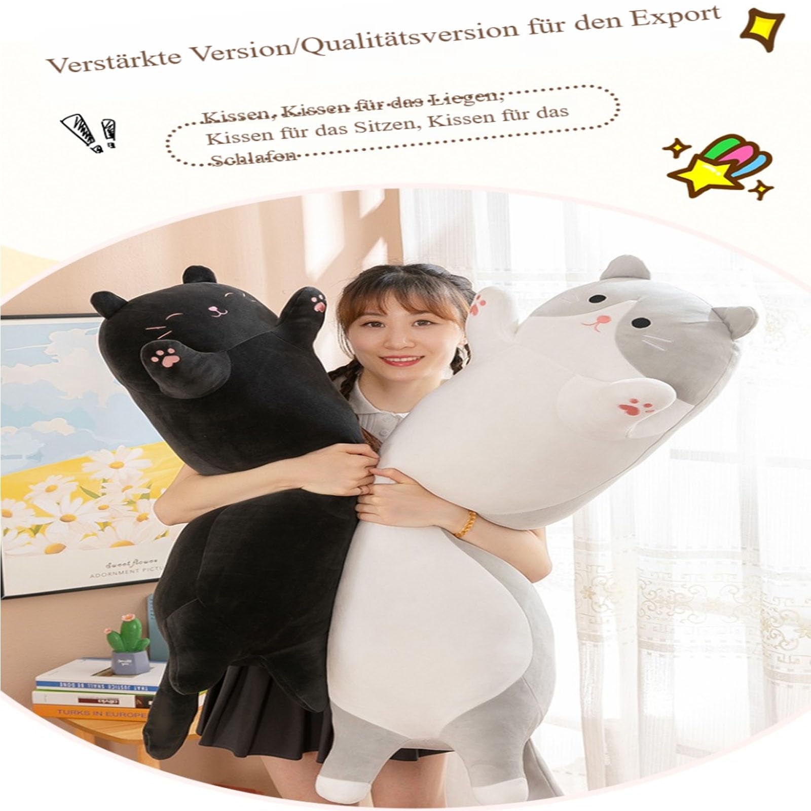 Langer Katzen plüsch Kissen, 3D niedliche Katze Plüschtiere, Puppe Spielzeug Schlafkissen, riesen XXL Kawaii plüschtier, Ausgestopftes Tier Wurfkissen, Geschenk Für Kinder Freundin (110cm,Grau)