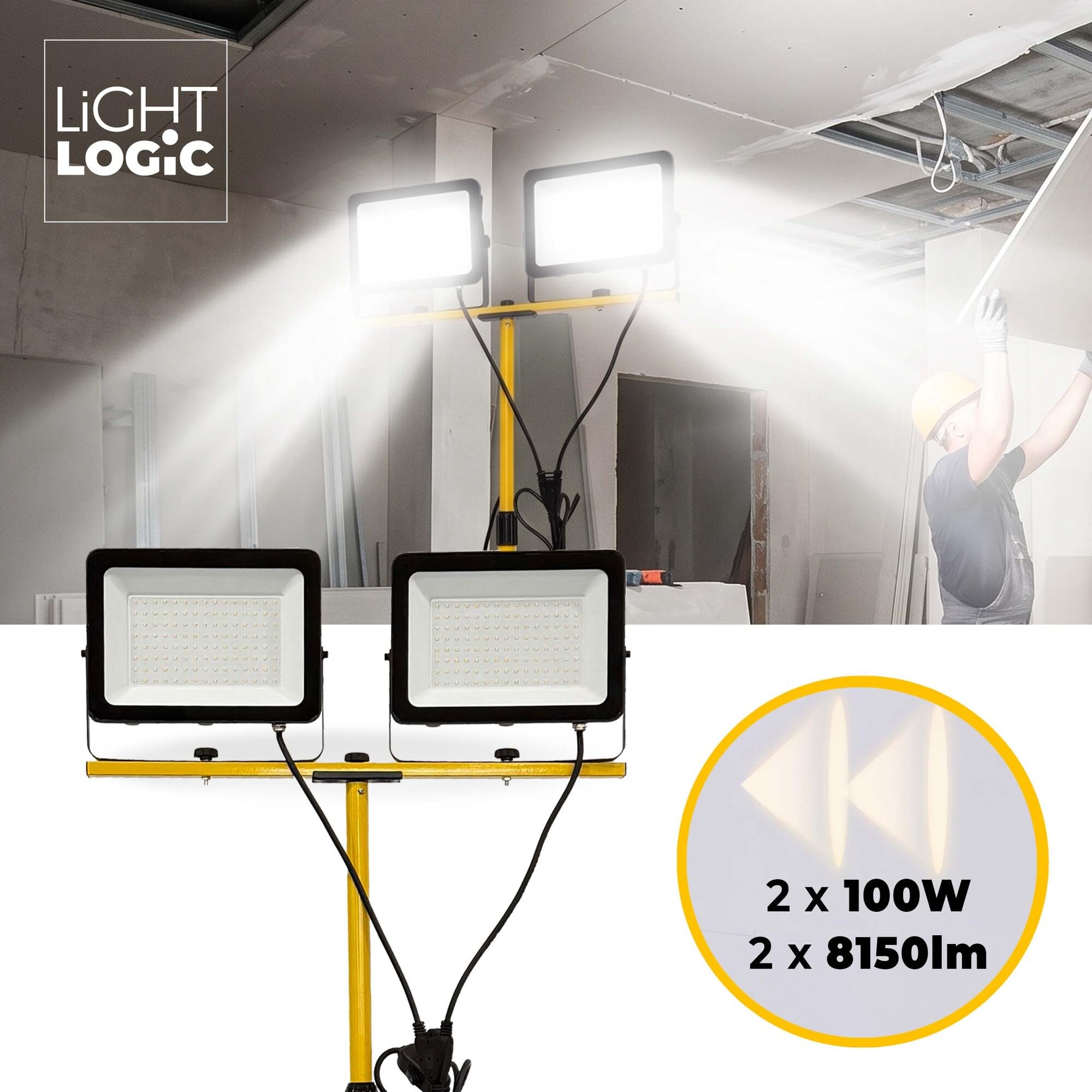 2x100W Projecteur de Chantier LED avec Trépied, 16300LM