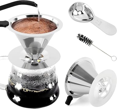 Pour Over Coffee Dripper With Cleaning Brush & 15g Measuring Scoop,Stainless Steel Reusable Double Micro Coffe Mesh Filter,Keeping Nature Coffe Flavour1-2cups-160ml