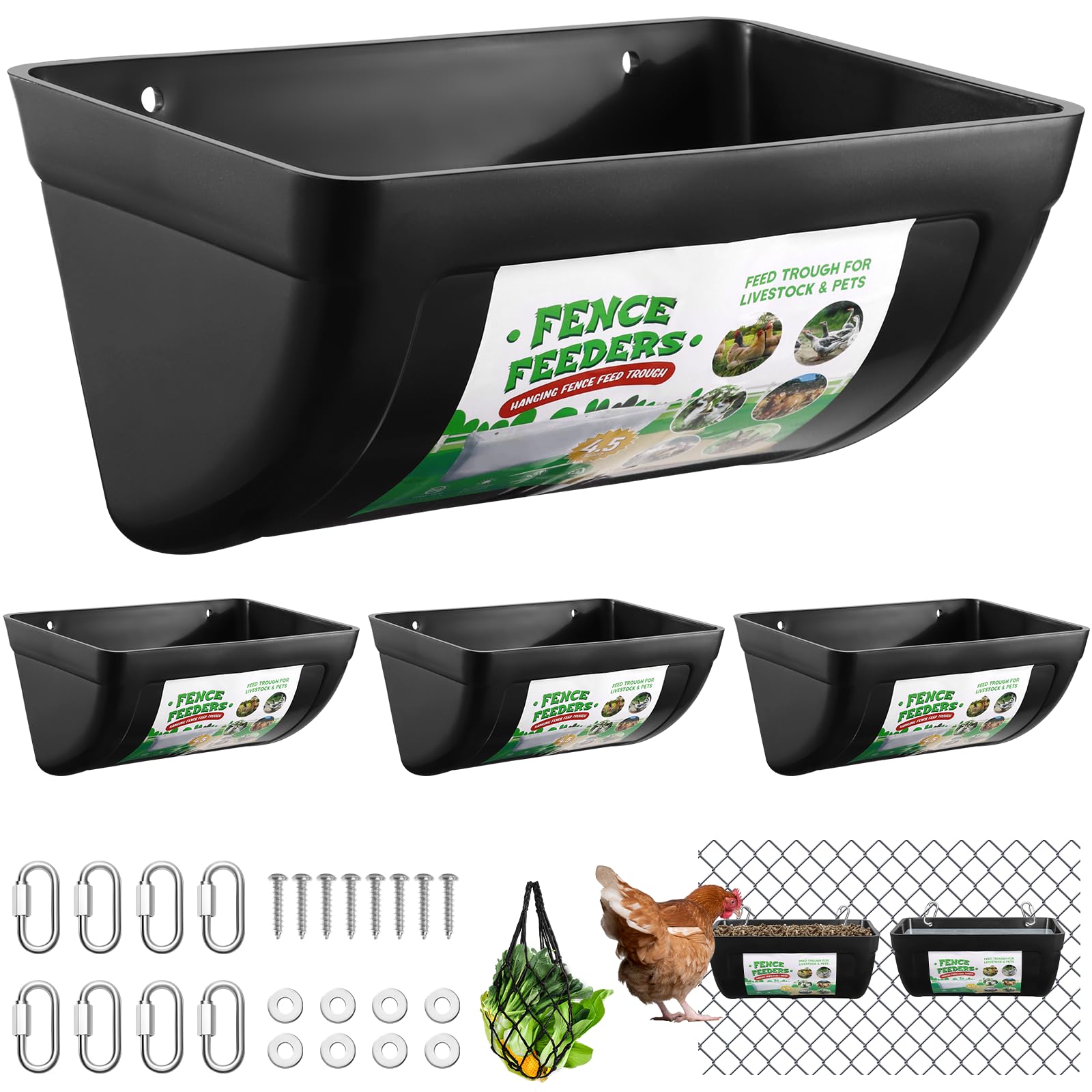 4er-Set Hühnerzaunfütterer, 4,5-Quart-Ziegenfuttertöpfe, hängende Zaunfütterer mit Haken, Schrauben und Hühnerstall-Leckerlisack, Geflügeltränkeimer, Viehfutterer für Enten, Hunde, Kühe, Kaninchen