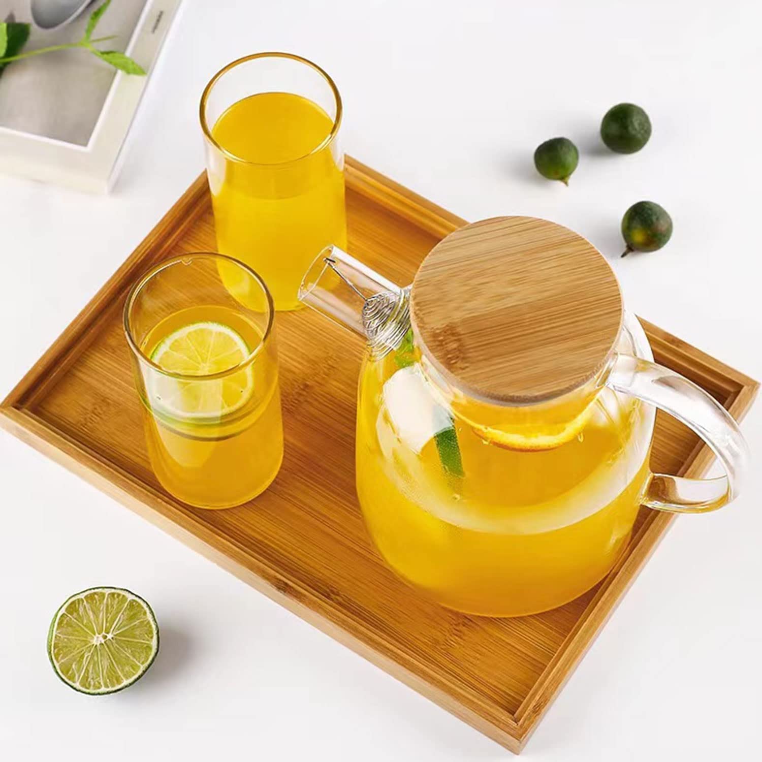 Théière en verre borosilicate 1,6 L avec filtre métal et couvercle bambou