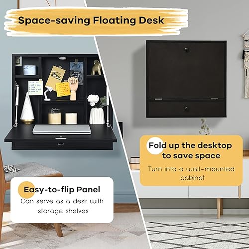 Miniatura 17 de Tangkula Escritorio montado en la pared, escritorio flotante neumático para laptop con mesa plegable magnética, mesa de pared que ahorra espacio con