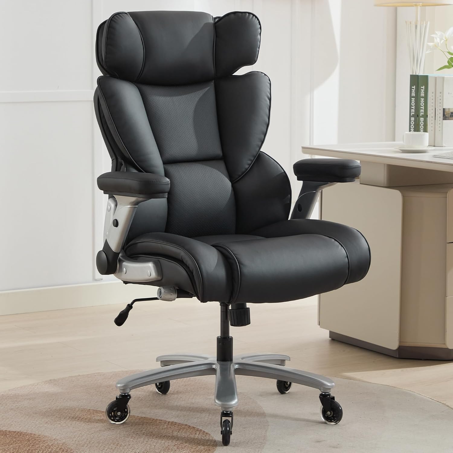 600lbs Big and Tall Office Chair with Adjustable & Flip Arms, Plus Size Office Chair for Heavy People, Inflatable Adjustable Lumbar Support, Ergonomic Breathable Leather Chair, Quiet Rubber, Black