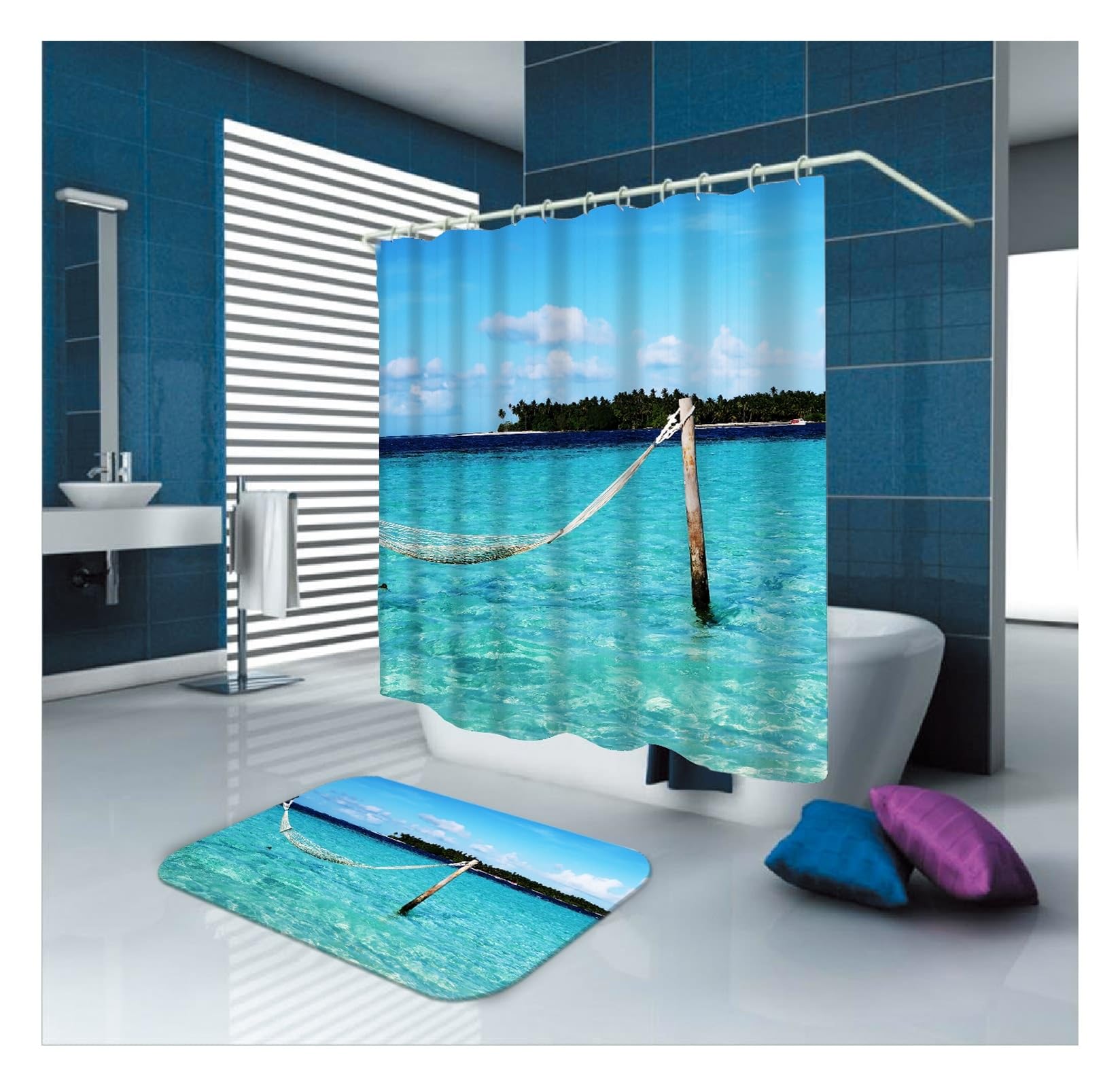 Rideau de douche imperméable en polyester bleu motif marin avec anneaux inclus