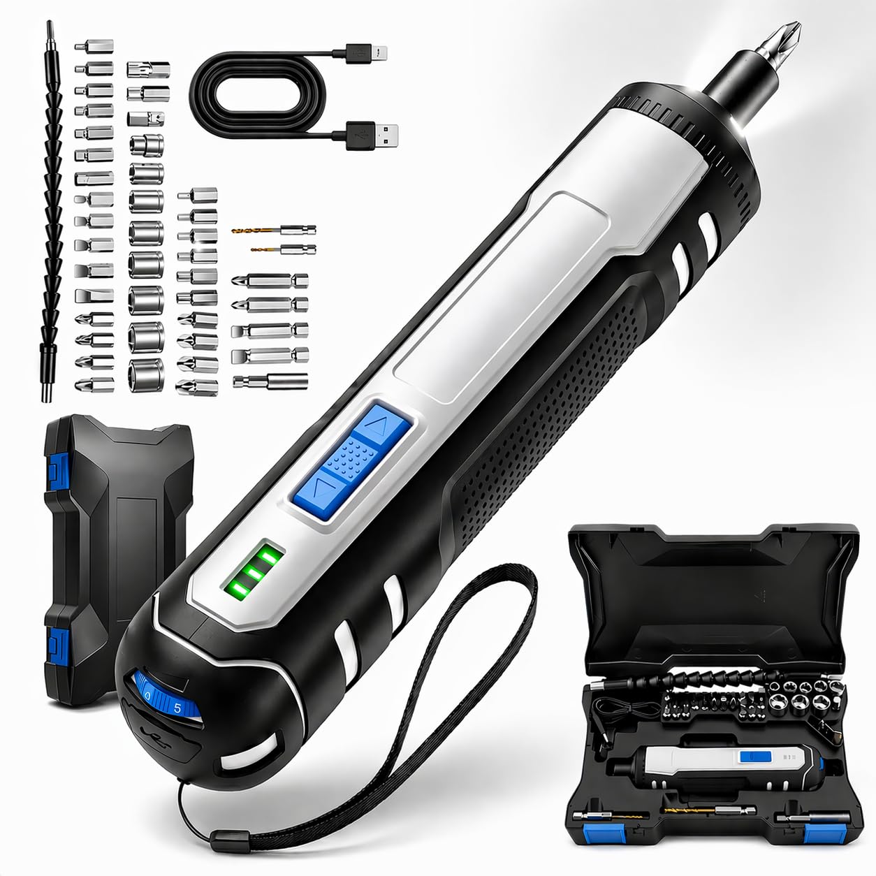 電動ドライバー 充電式 小型 強力 トルク6段階調整【プロ仕様のパワーと精度】正逆転切り替え 電動5N.m 手動15N.m 45本ビット付属 収納ケース付き 高輝度LEDライト USB-C充電式 軽量 操作簡単 合金製 ビット 家庭用 DIY用 女性/初心者でも簡単使用 日本語取扱説明書付き