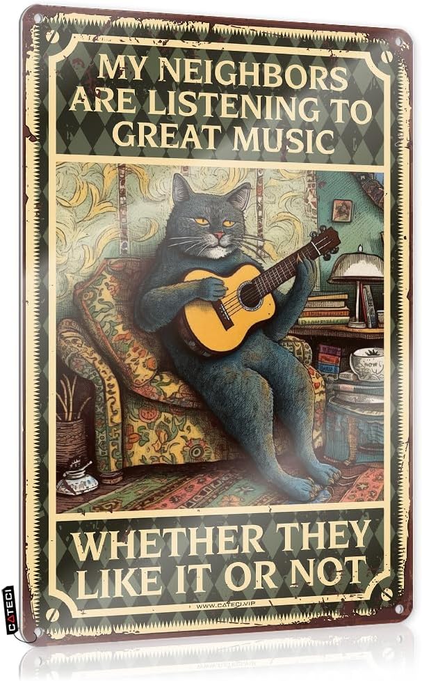Bar Funny Signs Cat My Neighbors Are Listening To Great Music Tin Sign Small Decor Itemshippie For Homekitchen Sets For Home Decorationsinspirational Wall Art For Women Bar Sign Metal Home Tin Sign(20X30CM)