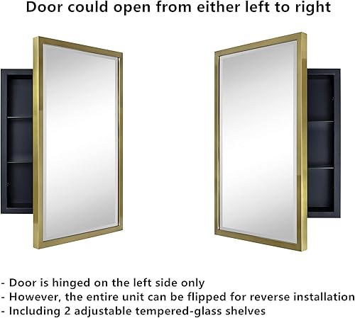 Miniatura 7 de TEHOME Botiquín empotrado de metal dorado con espejo rectangular inclinable biselado para pared de 16 x 24 pulgadas
