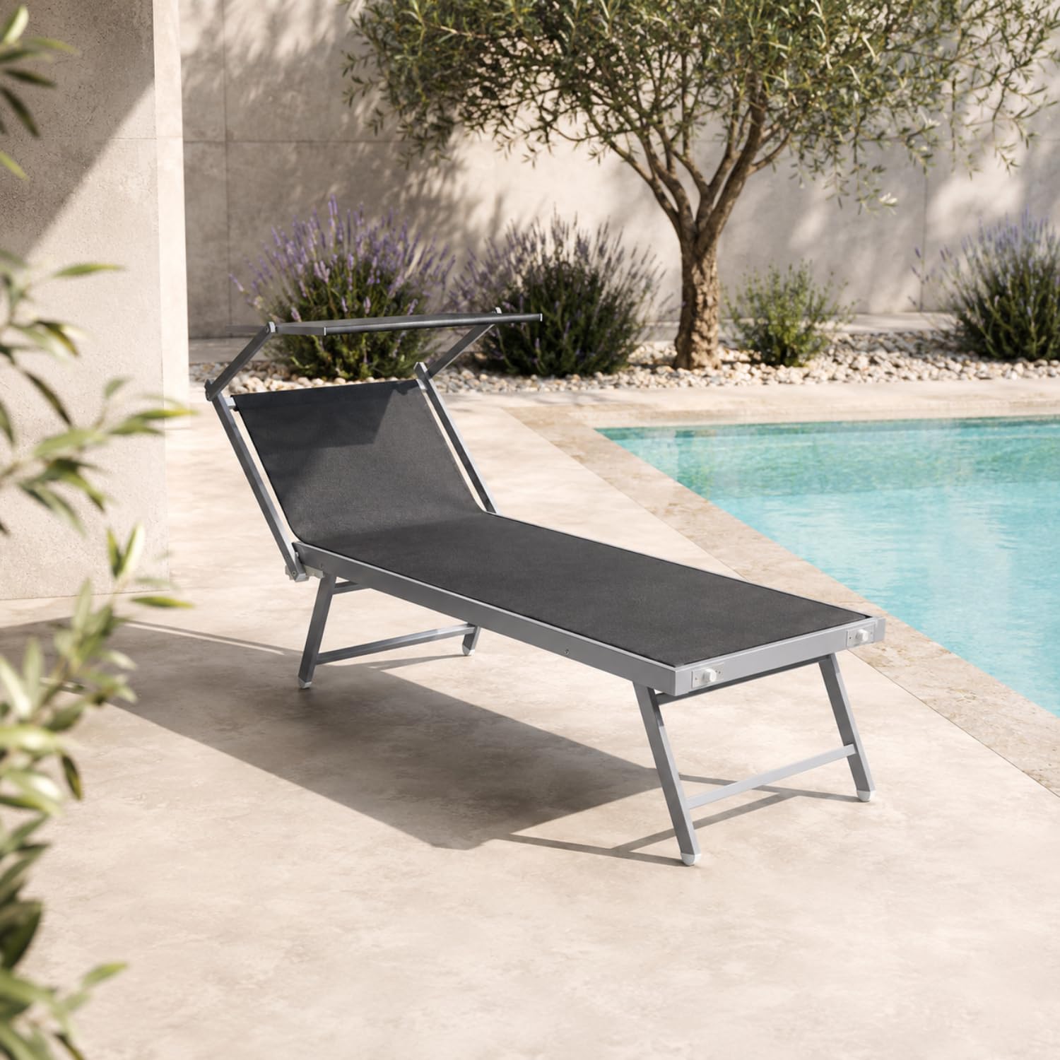 Bricozone Lettino Pieghevole Prendisole in Alluminio E Tessuto Textilene Professionale Con Tettuccio Parasole Orientabile Sdraio Per Mare Spiaggia Piscina Giardino 182 x 60 x 38 Cm Nero