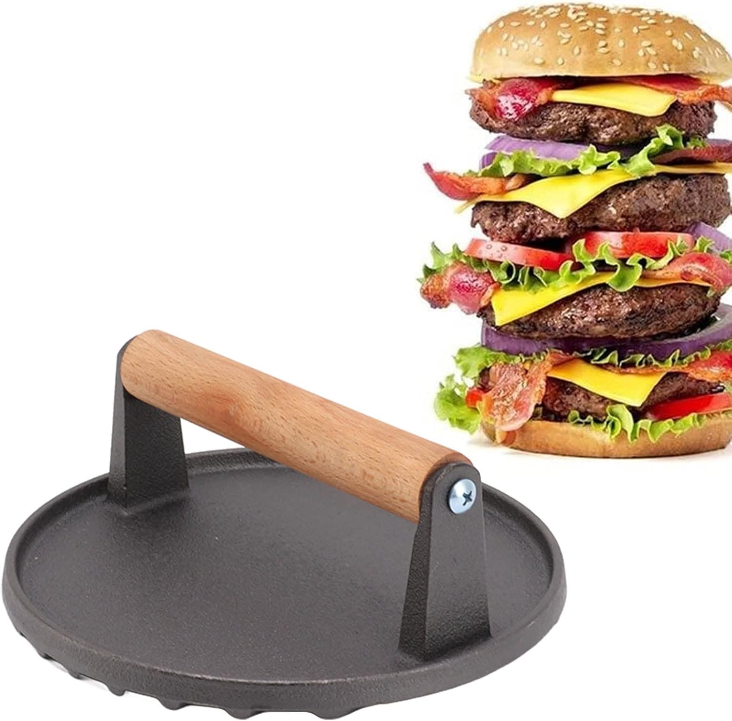 Amazon キャストアイアングリルプレス、6.9 ラウンドヘビーデューティミートプレス、木製ハンドル付きグリドル用バーガープレス