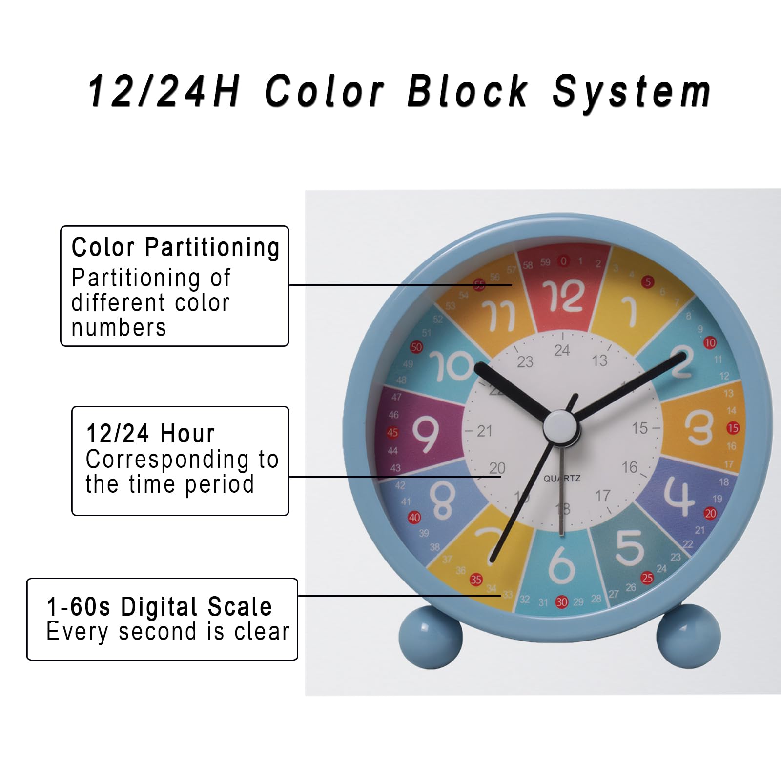 Lancoon Cute Alarm Clock with Silent Clock Movement Metal Casing Hands 12/24 Hour Clock Color Coded Time Zones Digital Dial for Teens Bedroom Bedside Kids Battery Operated White