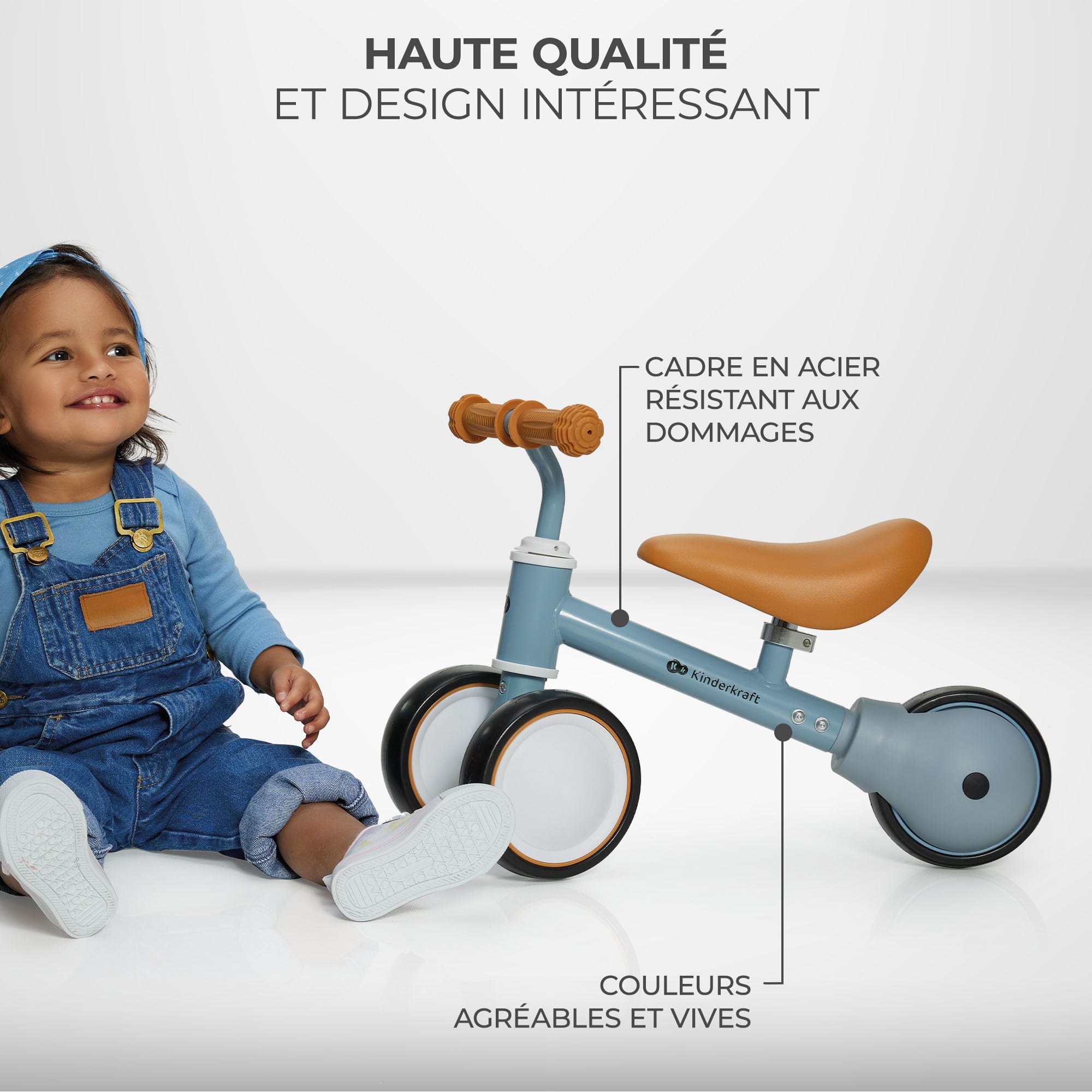 Kinderkraft Cutie Draisienne en Métal, Vélo 3-en-1, Vélo sans Pédales, Vélo Bébé, Siège Réglable (de 26 à 28 cm)., Sûr et Pratique, Poids léger, Trois Roues, 1 an à 15 kg, Bleu