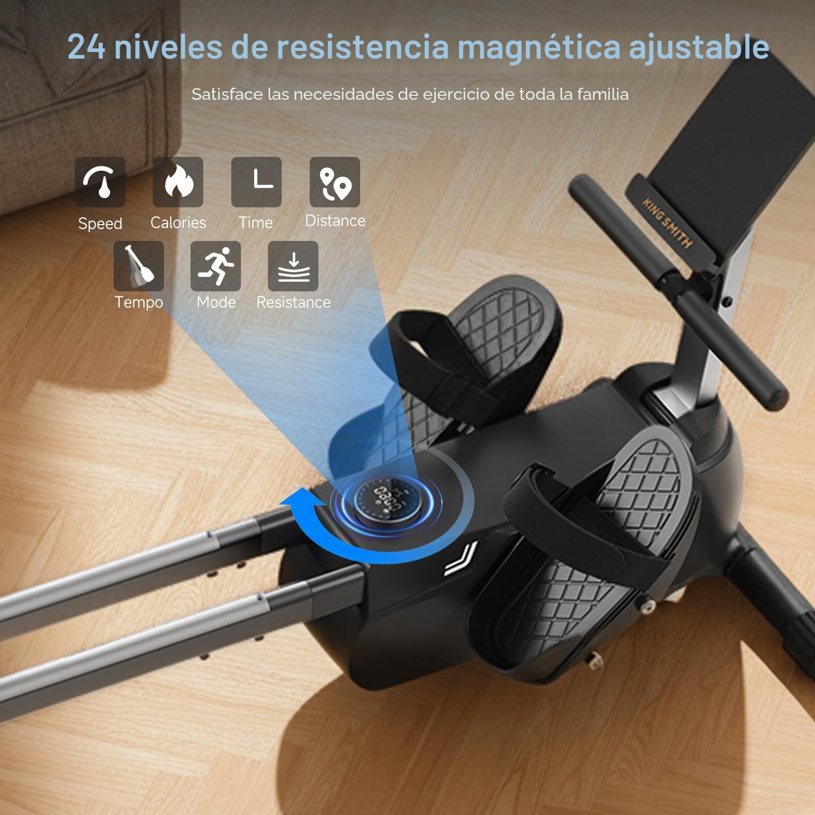 King Smith Máquina de Remo para Casa, Remo Magnético Silencioso con 24 Niveles de Resistencia, Capacidad de Peso de 350LBS con Monitor LED, Compatible con la Aplicación Negro