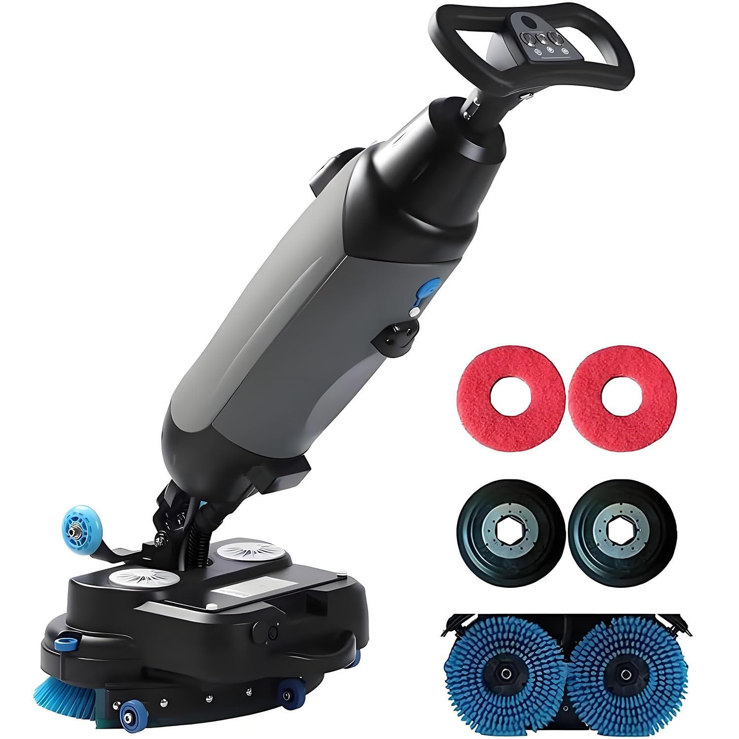 Professionelle, kompakte Scheuersaugmaschine mit separaten 4,5-Liter- und 7,5-Liter-Tanks, 45 cm (18 Zoll) langen motorisierten Reinigungsbürsten, kabellos und mit einem 36-V-Akku betrieben Grey