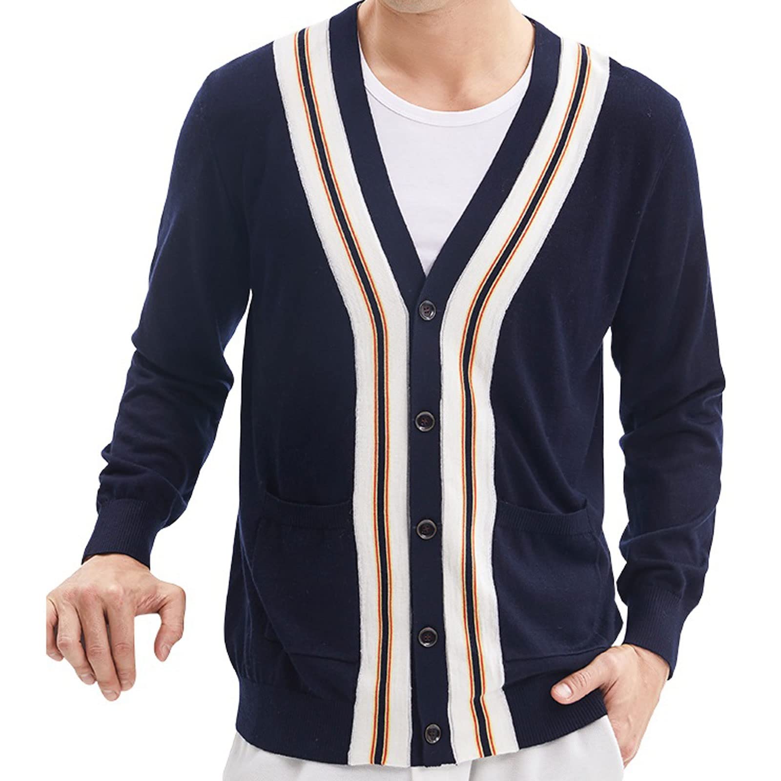 YESKIT Men Sweater, Zhili MenKnit Striped Button Down Lightweight Cardigan Sweater (Size : M)