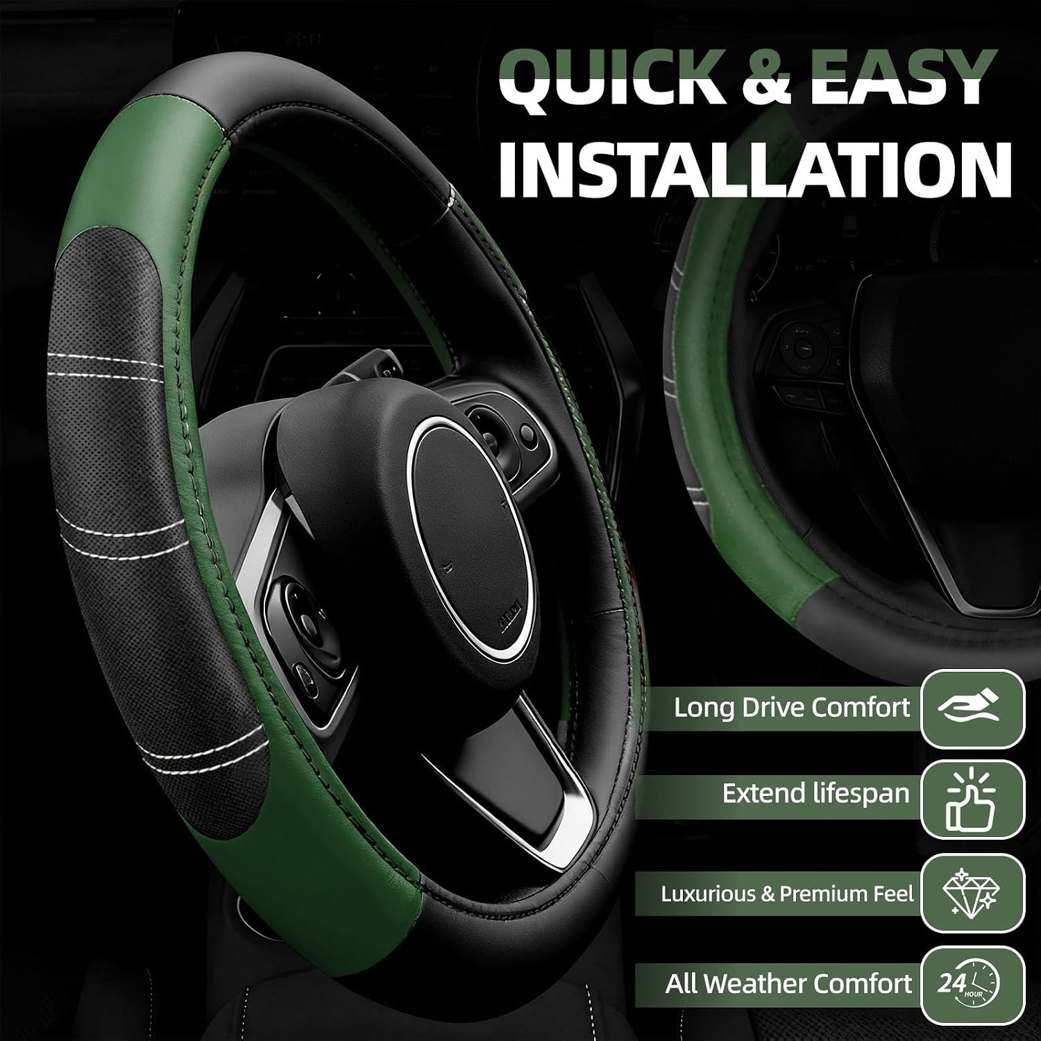 NBTEPEM 6 Pcs Green Car Accessories Set, Sport Leather Steering Wheel Cover 14.5-15inch Universal, Microfiber Leather Car Center Console Cover, Seat Belt Cushion, Cup Holder Coaster (Black-Green)