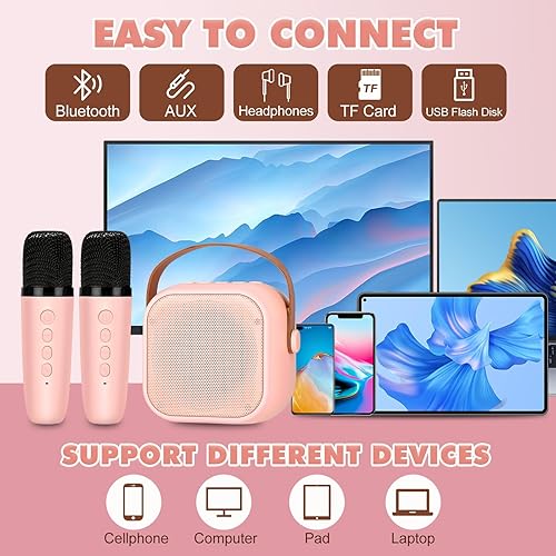 Miniatura 3 de Daakro Mini máquina de karaoke para niños con 2 micrófonos inalámbricos, altavoz Bluetooth portátil con luces LED de discoteca, mini máquina de