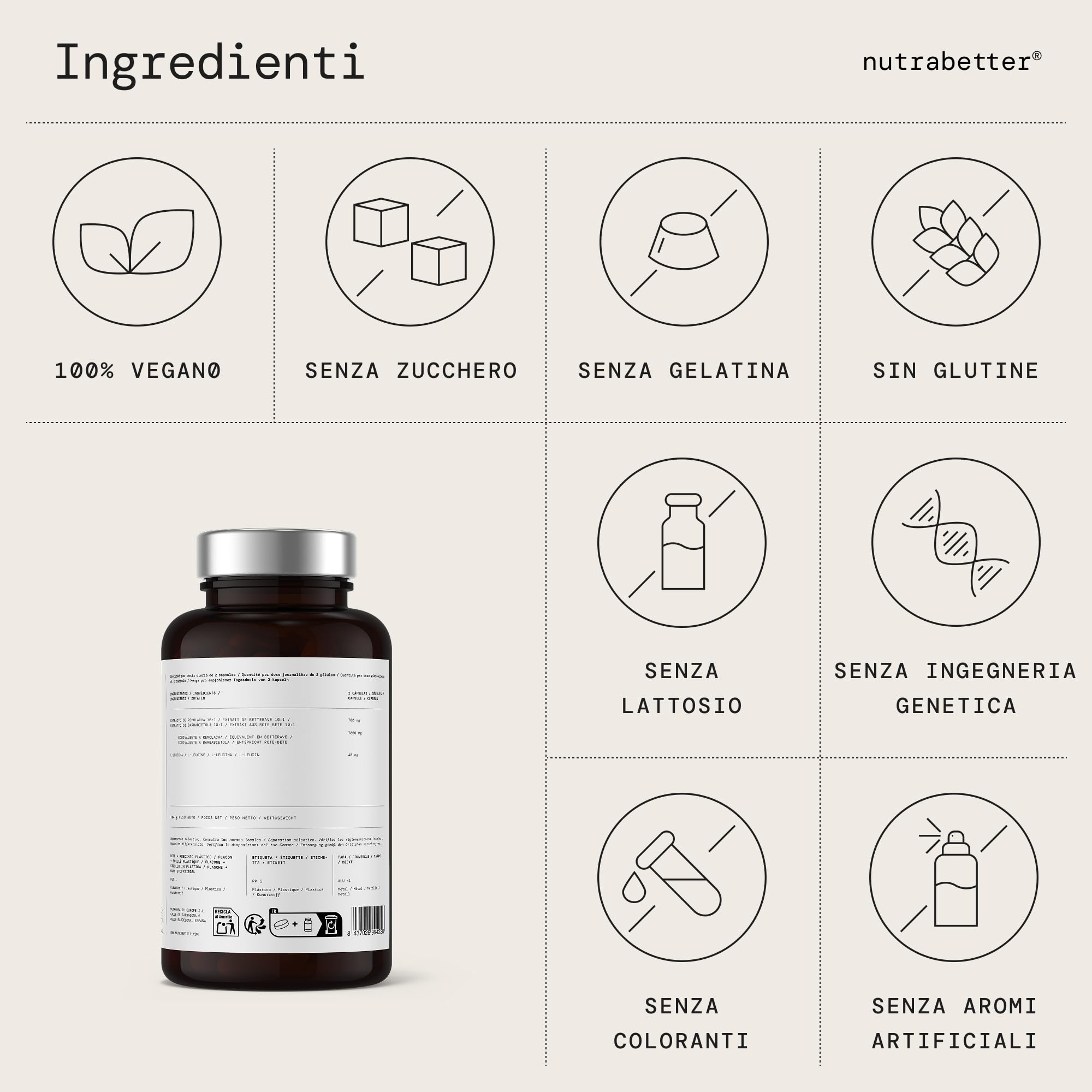 Barbabietola 7000 mg | 200 Capsule Vegane | Estratto di Barbabietola Rossa Integratore | Beetrot Potenziatore Naturale di Ossido Nitrico per Energia | Prodotto in Spagna | nutrabetter®