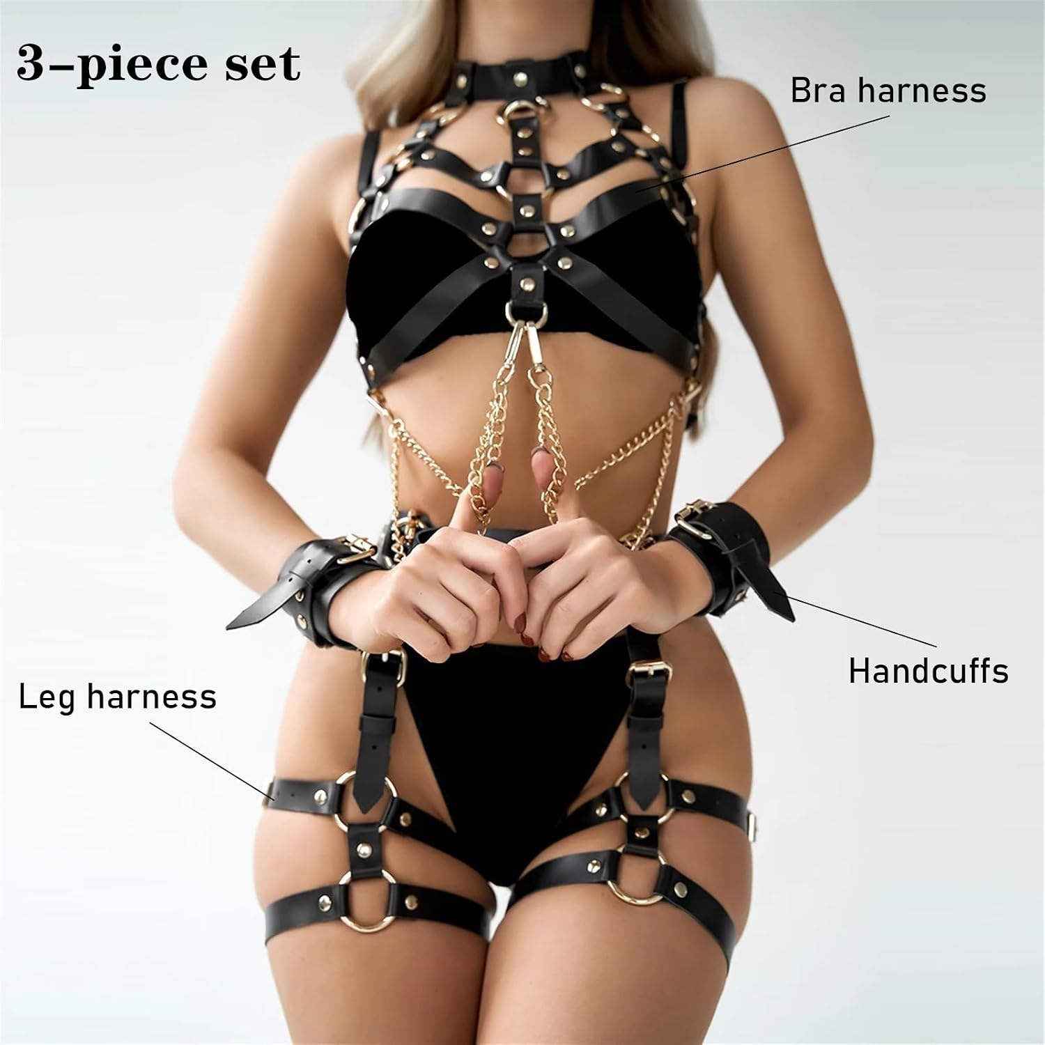 Women's Sexy Leather Body Chain Waist Belt BDSM Harness Lingerie Kit, Adjustable Bra Leg Garter Belt for Halloween Cosplay, Carnival & Punk Party Outfits