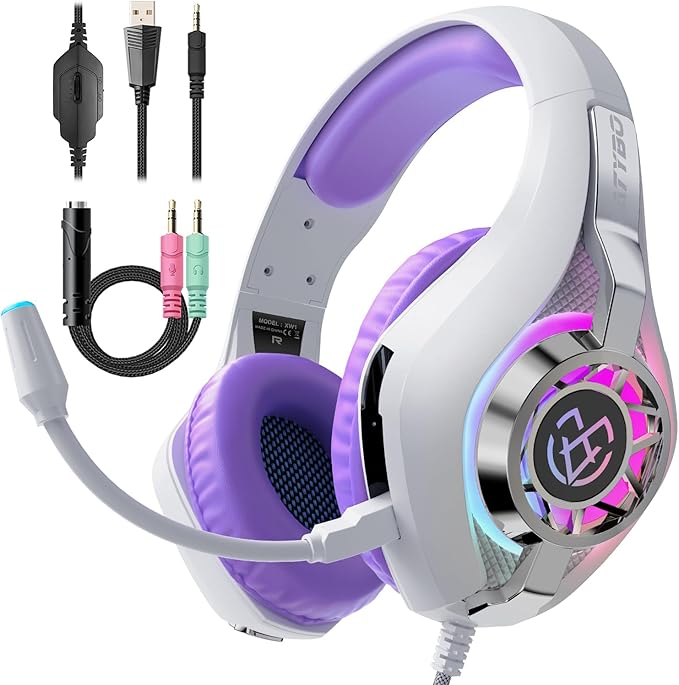 Tatybo Casque Gaming pour Ps5, Casque Gamer 3D Son Surround avec Microphone Antibruit, Ultraléger 250g, Haut-Parleur 50 mm, Casque avec Prise Jack 3,5 MM pour Ps4 Pc Xbox Switch (Violet et Blanc)