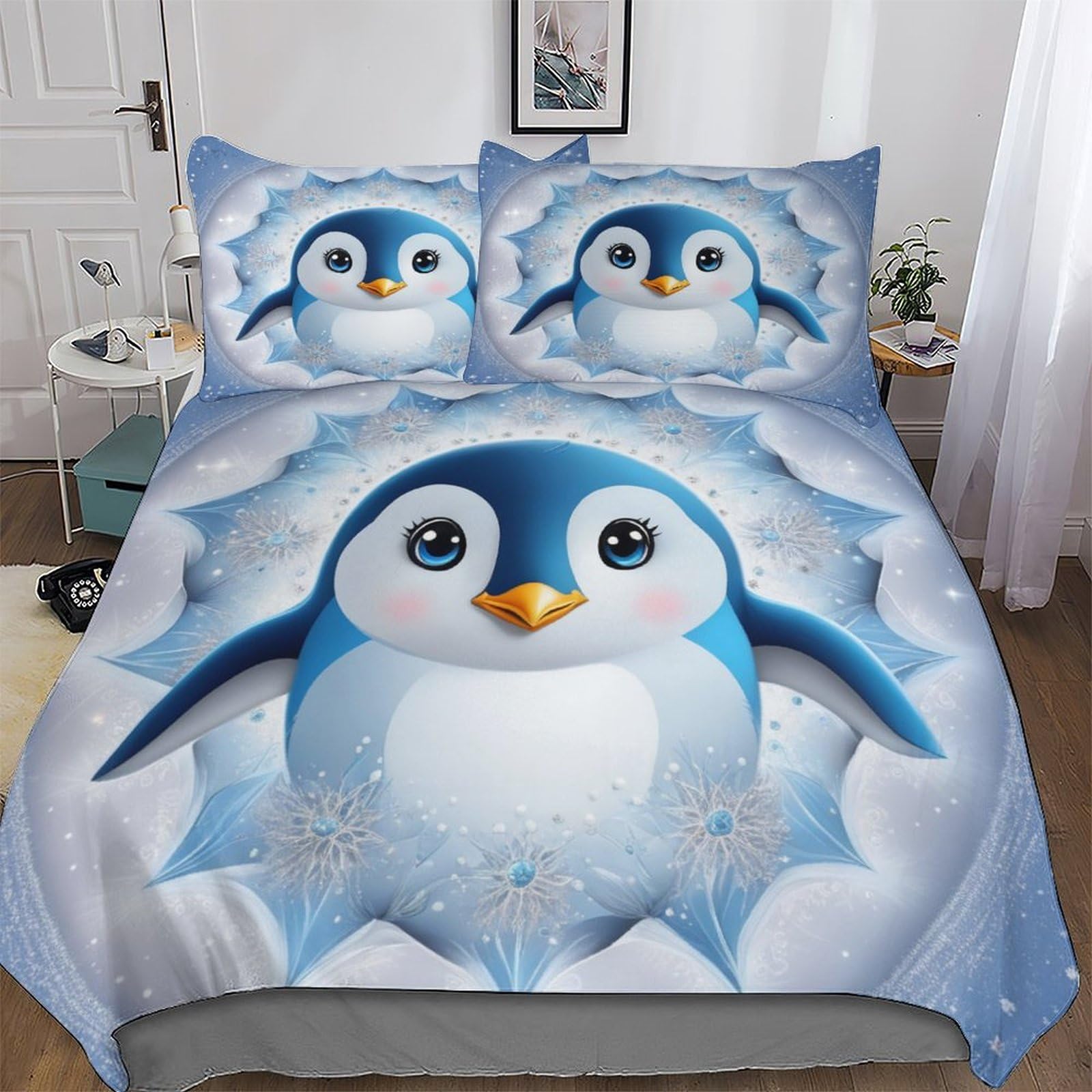 PAZZK Penguin 3D Printed Duvet Cover Set with Pillowcase Soft Microfiber Bedding Set Comforter Cover for Adults Teenager Kids 3Pcs with Zipper Closure Quilt Covers Double (200x200cm)