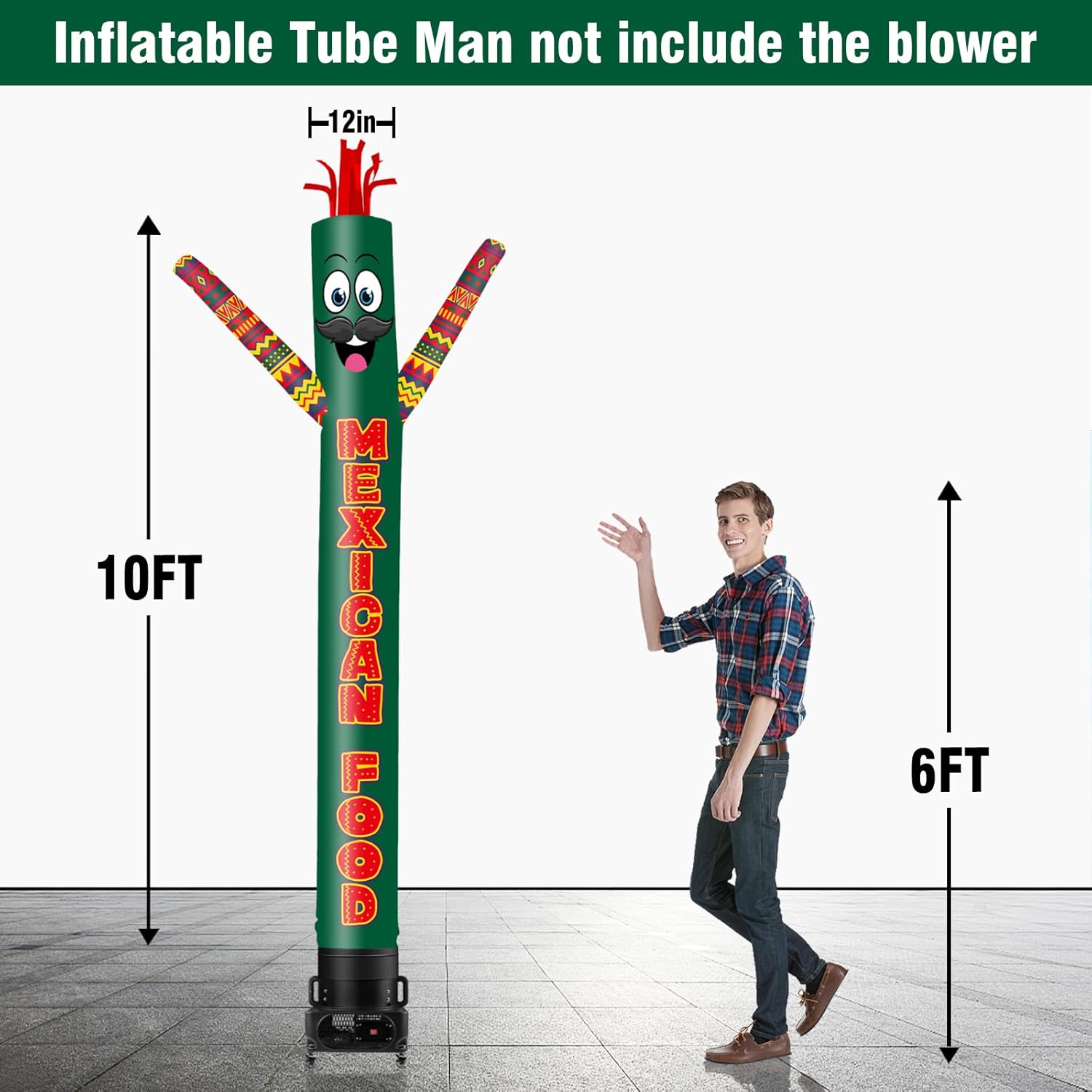 10FT Tall Inflatable Tube Man Mexican Food Wacky Wavy Dancing Guy (12''Diameter) for Outdoor Decoration Advertising Business Promotion (Blower Not Included)
